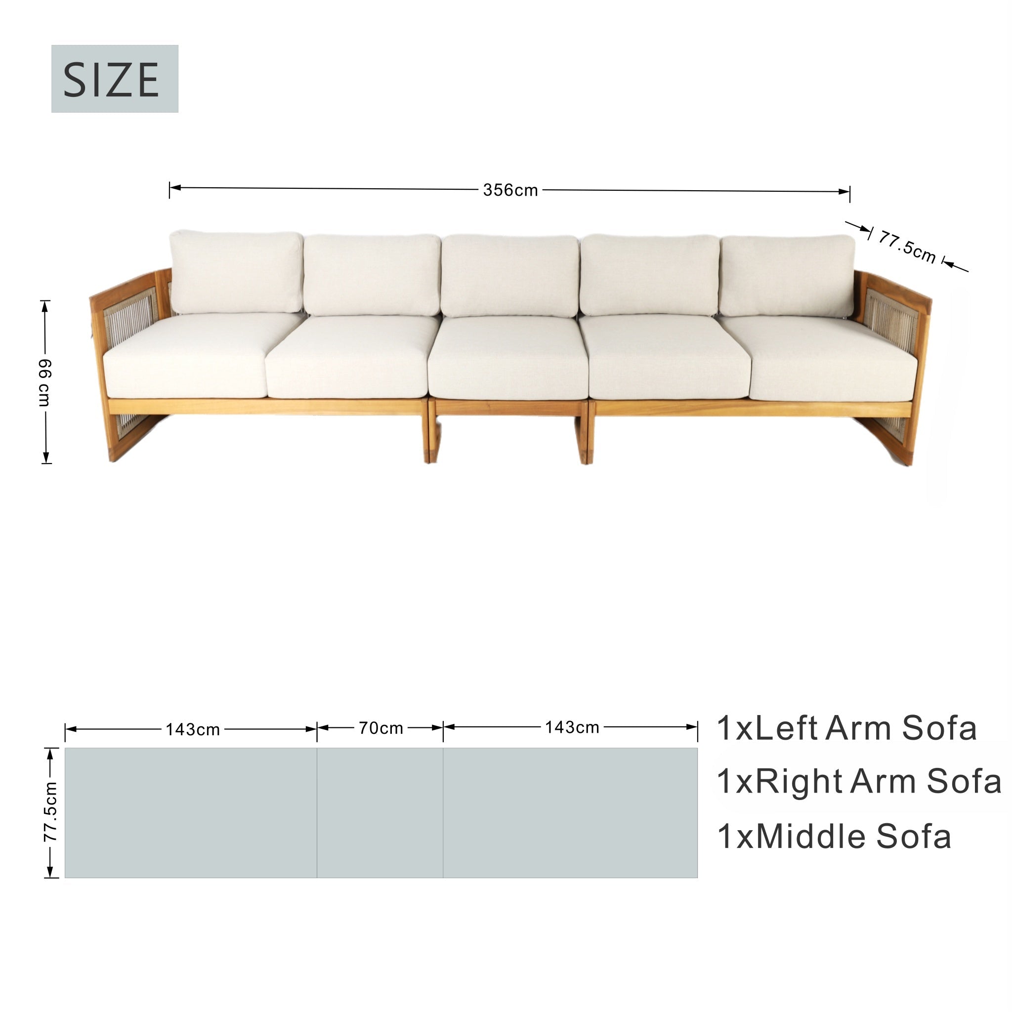 CAVEN Modular 5-Seater Solid Wood Garden Sofa Set – 3-Piece Outdoor Lounge Set