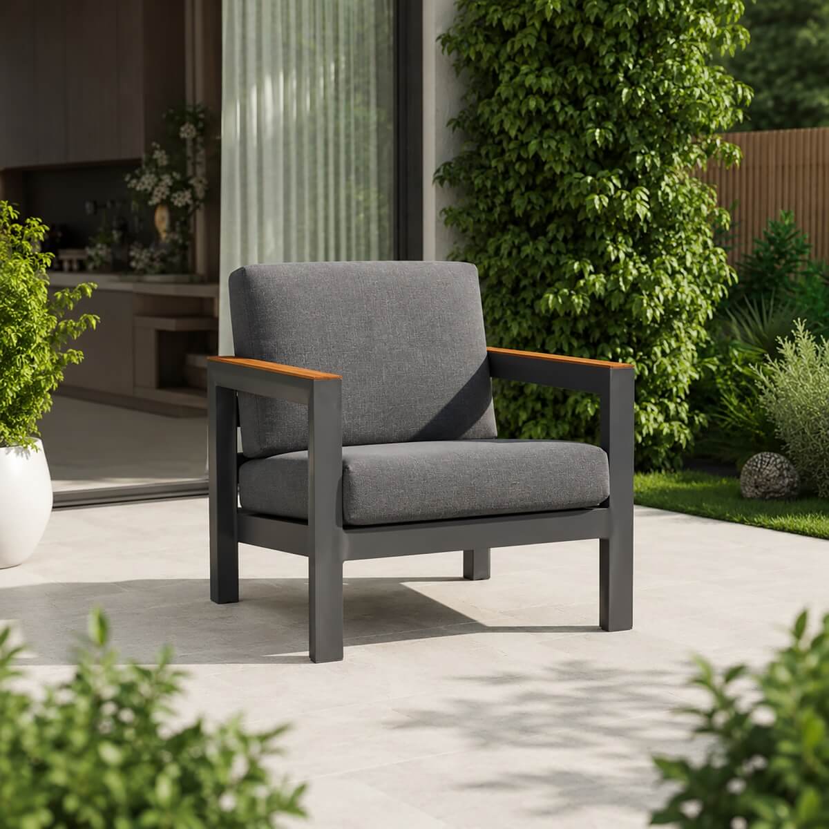 ARVE Aluminium Outdoor Single Sofa with Teak Armrests