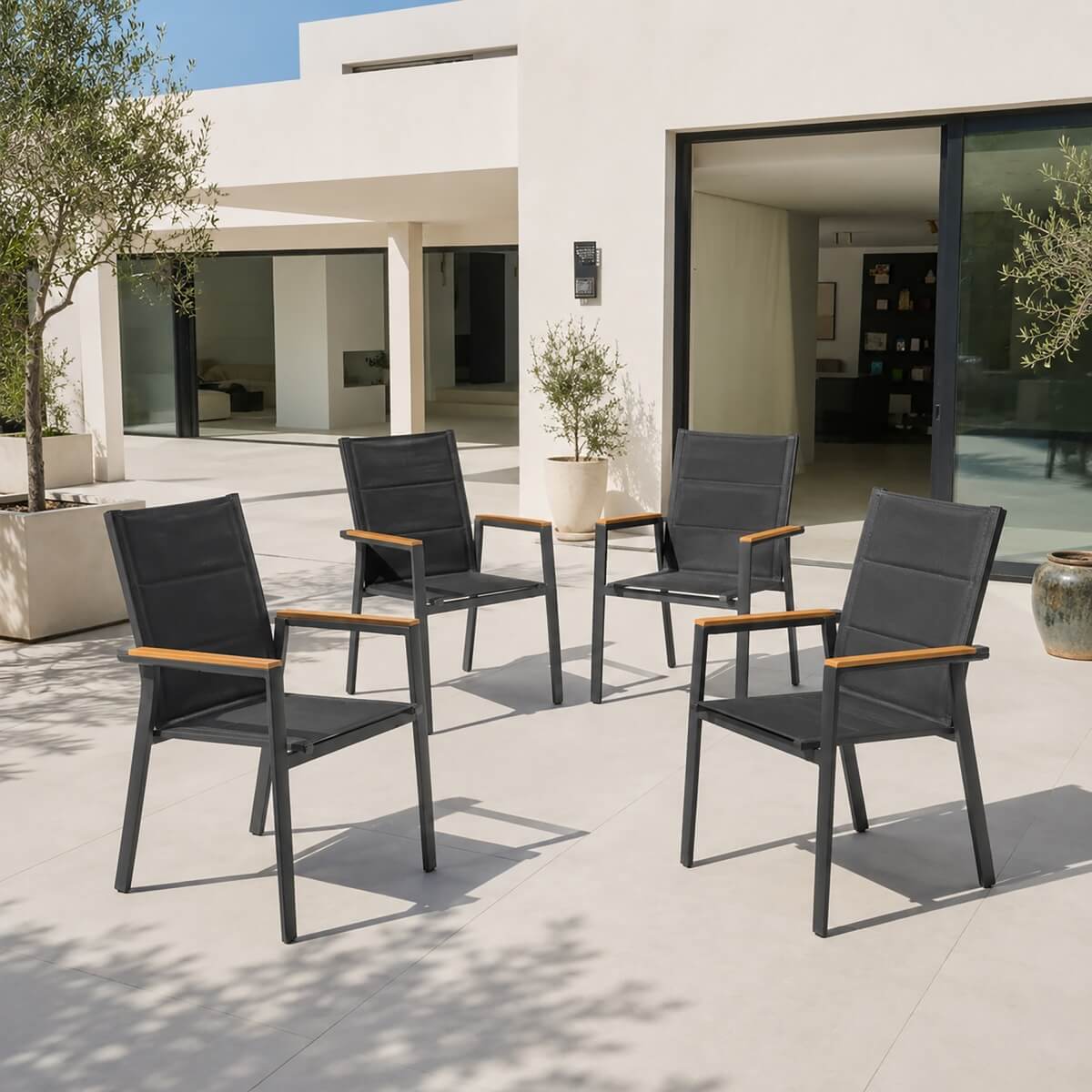 ARVE Aluminium Outdoor Dining Chair Set of 4 with Teak Armrests
