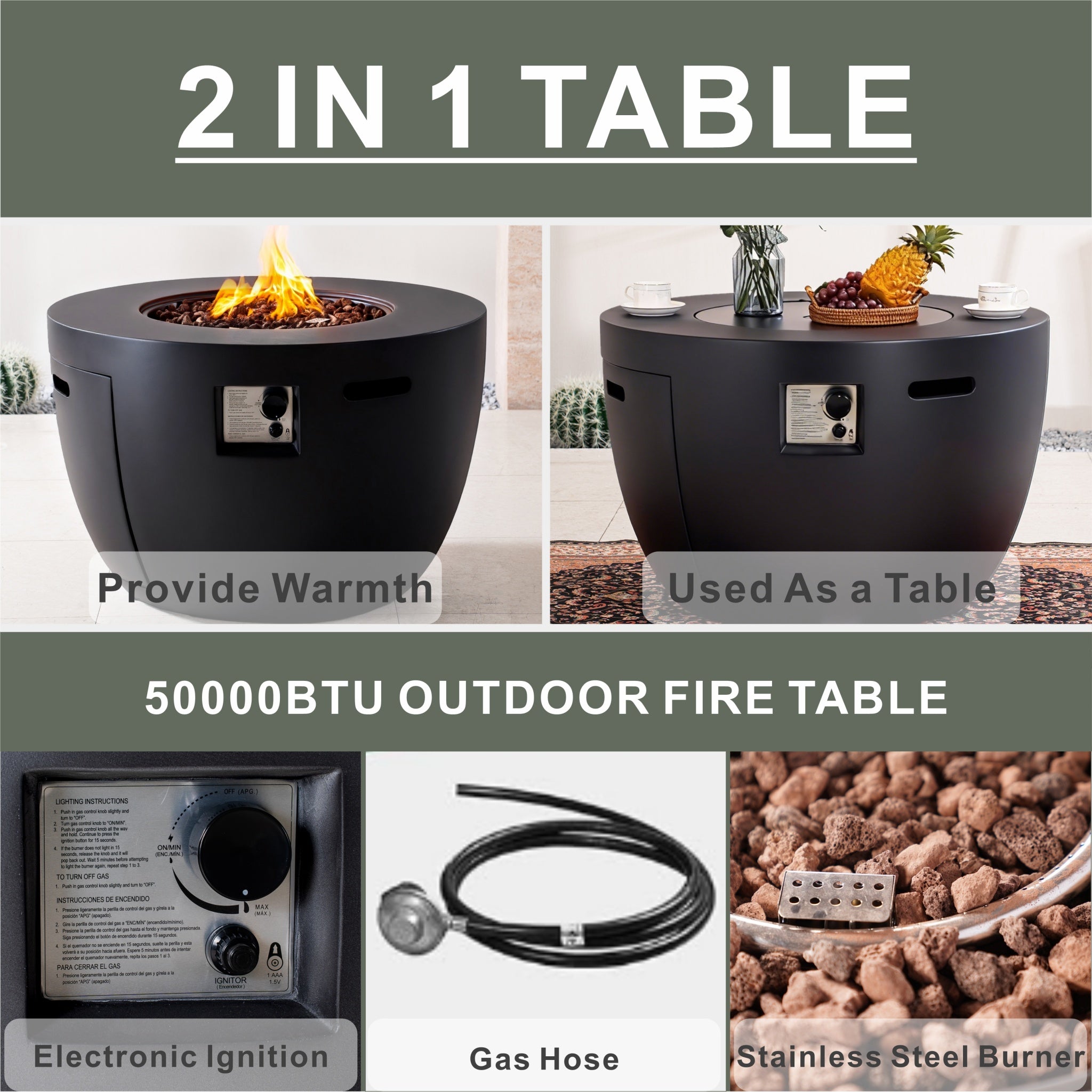 50,000 BTU Round Dark Gray Propane Fire Pit Table with Lid, Outdoor Gas Fire Table with Hidden Tank, Lava Rocks & Cover Included