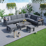 ARVE 5-Seater Modular Aluminium Outdoor Corner Sofa Set - 7 Pieces · Teak Armrests · Olefin Cushions · Ceramic Glass Coffee Table