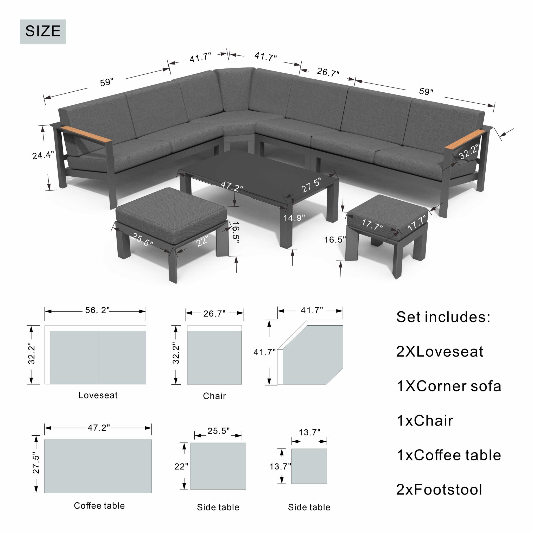 ARVE 5-Seater Modular Aluminium Outdoor Corner Sofa Set - 7 Pieces · Teak Armrests · Olefin Cushions · Ceramic Glass Coffee Table