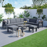 ARVE 5-Seater Modular Aluminium Outdoor Corner Sofa Set - 7 Pieces · Teak Armrests · Olefin Cushions · Ceramic Glass Coffee Table