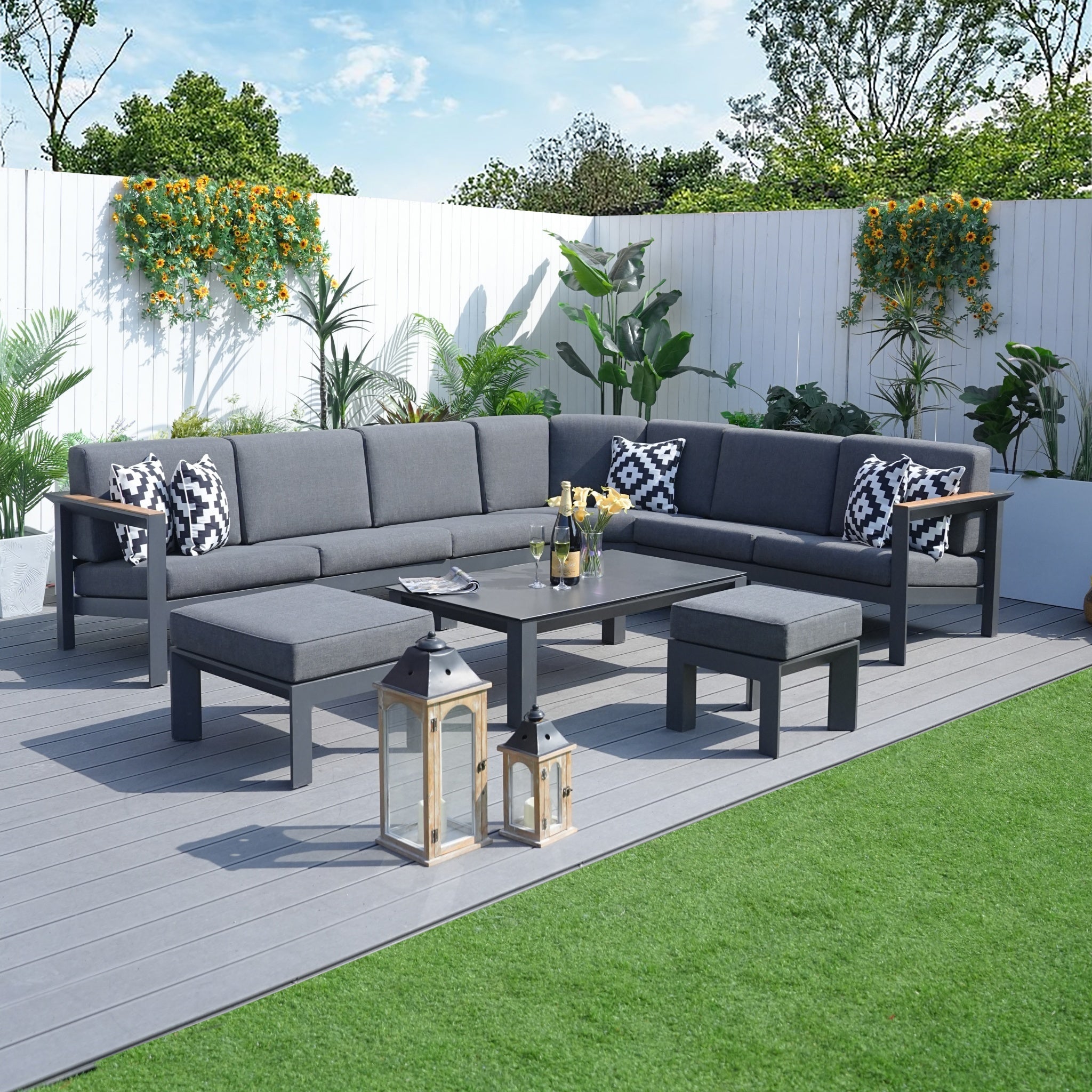 ARVE 5-Seater Modular Aluminium Outdoor Corner Sofa Set - 7 Pieces · Teak Armrests · Olefin Cushions · Ceramic Glass Coffee Table