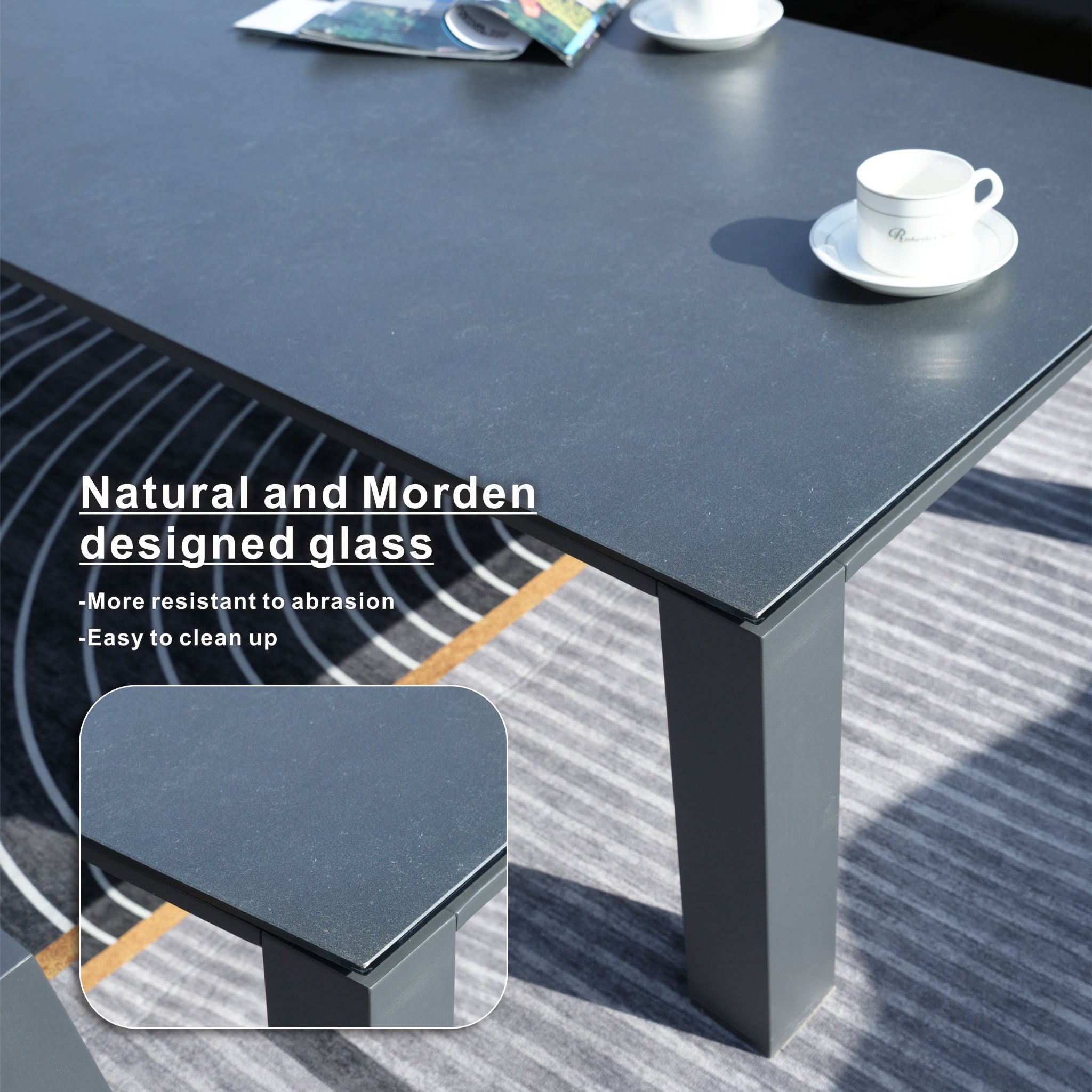 ARVE 5-Seater Modular Aluminium Outdoor Corner Sofa Set - 7 Pieces · Teak Armrests · Olefin Cushions · Ceramic Glass Coffee Table