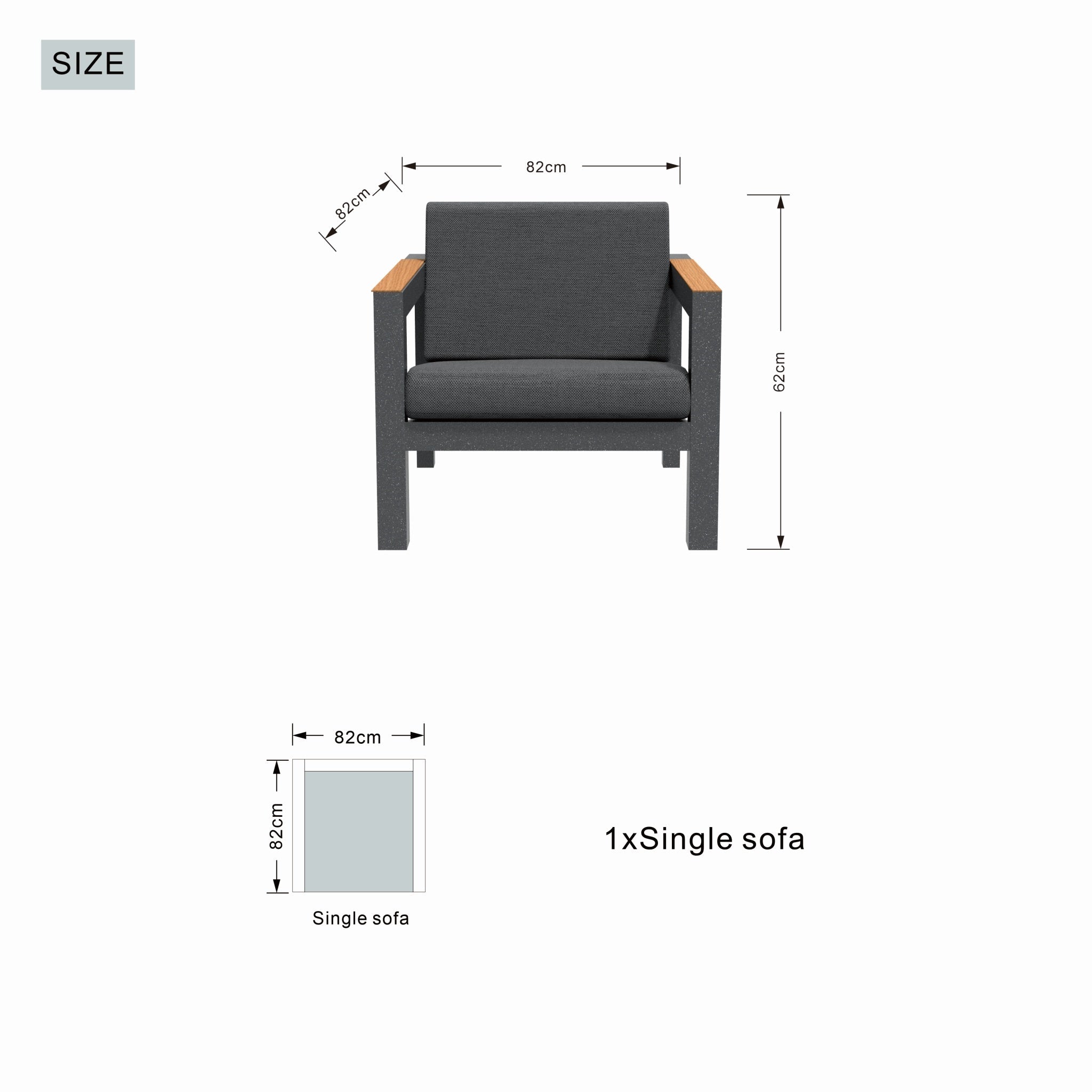 ARVE Single Outdoor Sofa - Aluminium Frame · Teak Armrests · Premium Olefin Cushions