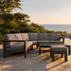 ARVE 5-Seater Modular Aluminium Outdoor Corner Sofa Set - 7 Pieces · Teak Armrests · Olefin Cushions · Ceramic Glass Coffee Table