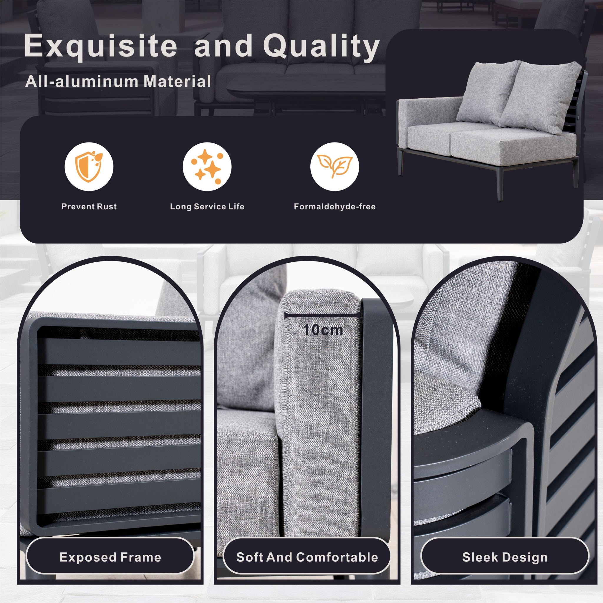 AUREL 5-Seater Aluminium Modular L-Shaped Outdoor Corner Sofa Set – 6 Pieces
