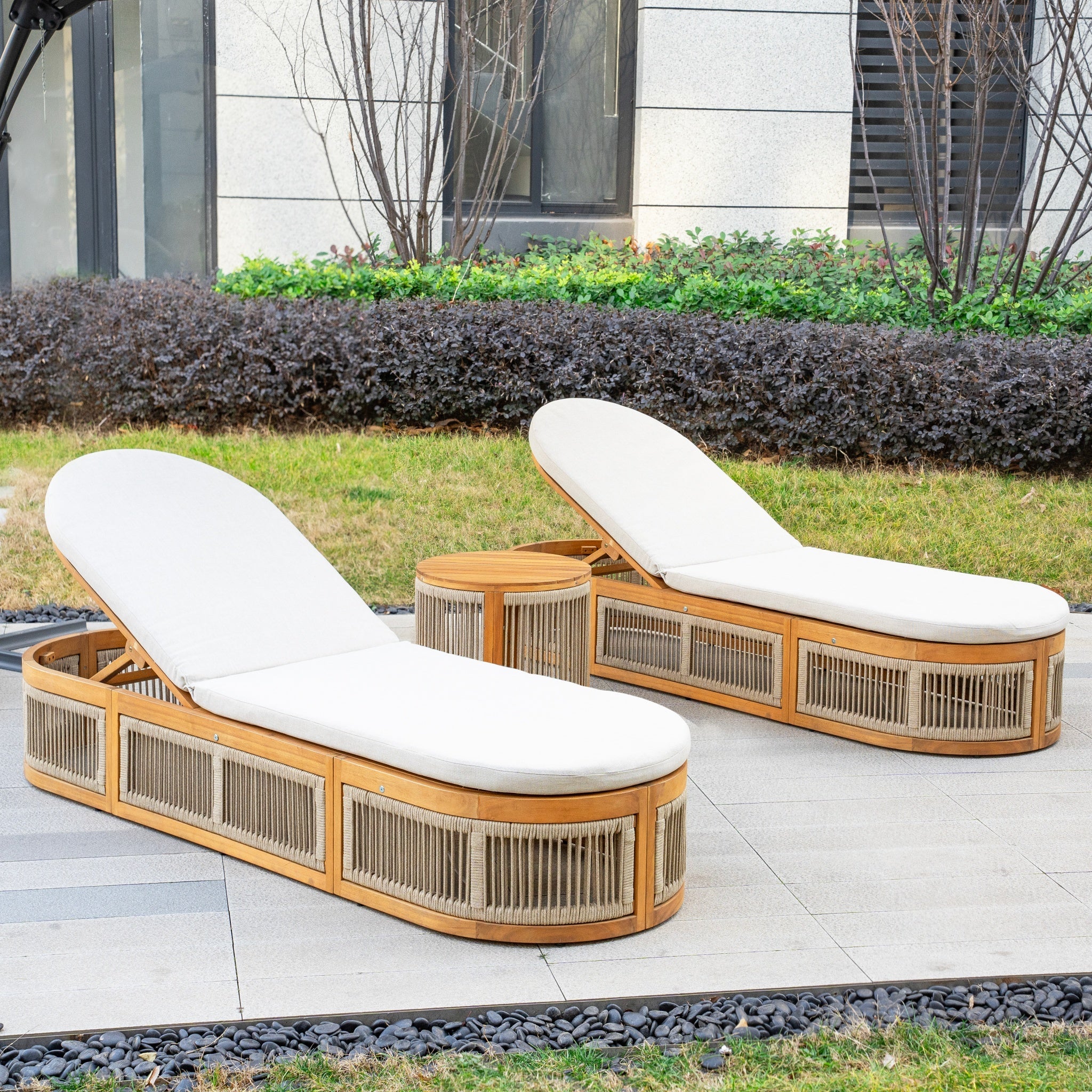 CAVEN Solid Wood Adjustable Sun Lounger Set - 2 Loungers with Side Tables