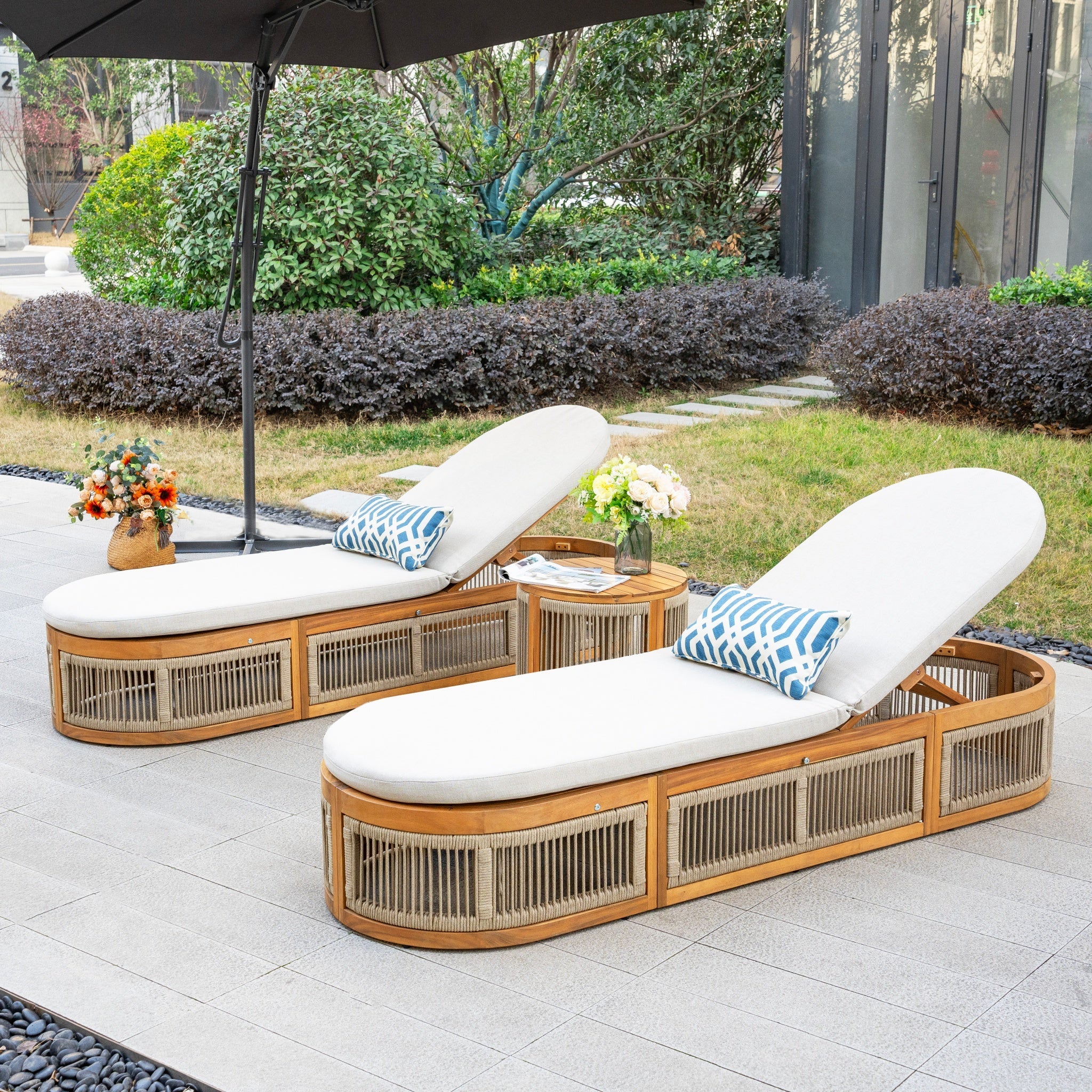 CAVEN Solid Wood Adjustable Sun Lounger Set - 2 Loungers with Side Tables