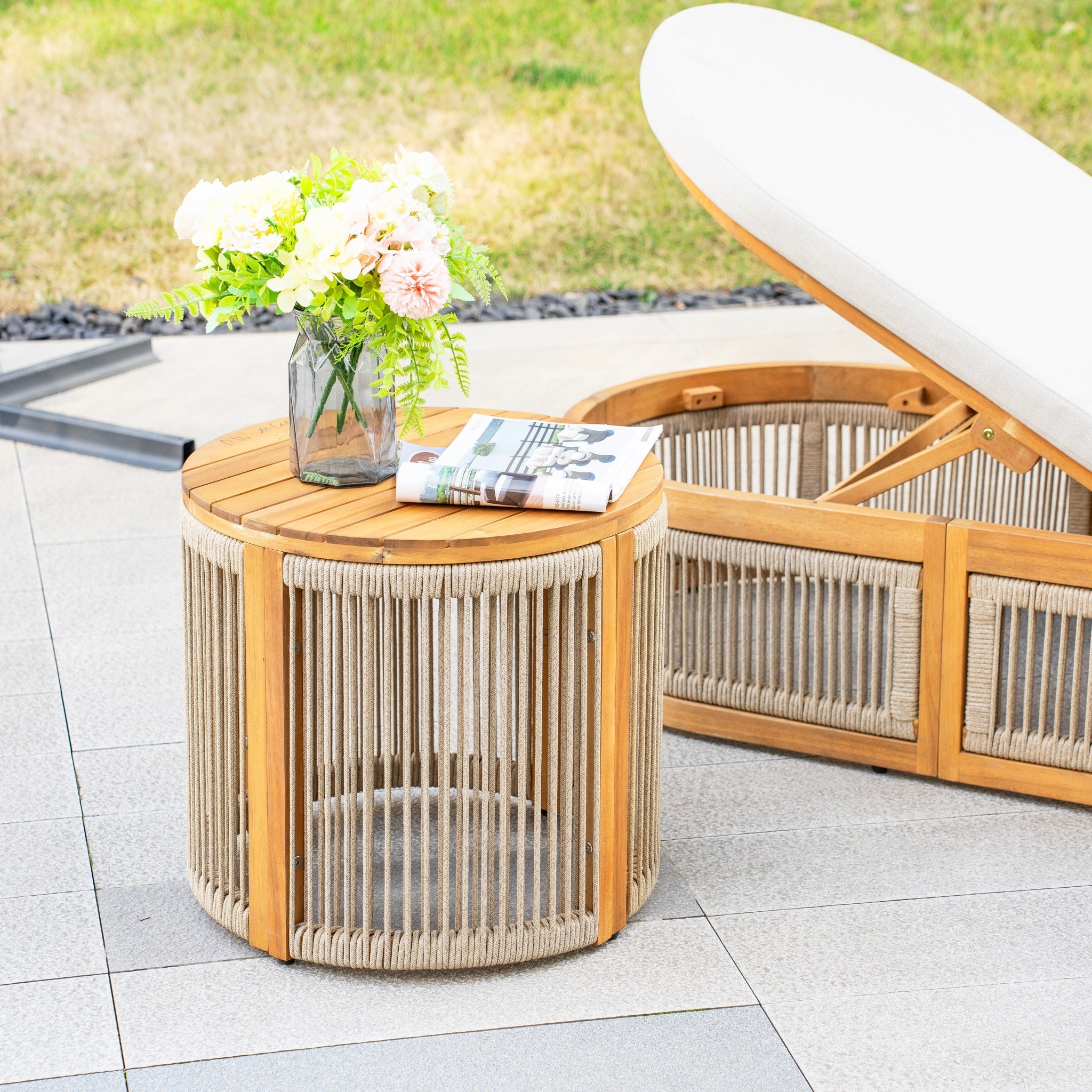 CAVEN Solid Wood Adjustable Sun Lounger Set - 2 Loungers with Side Tables