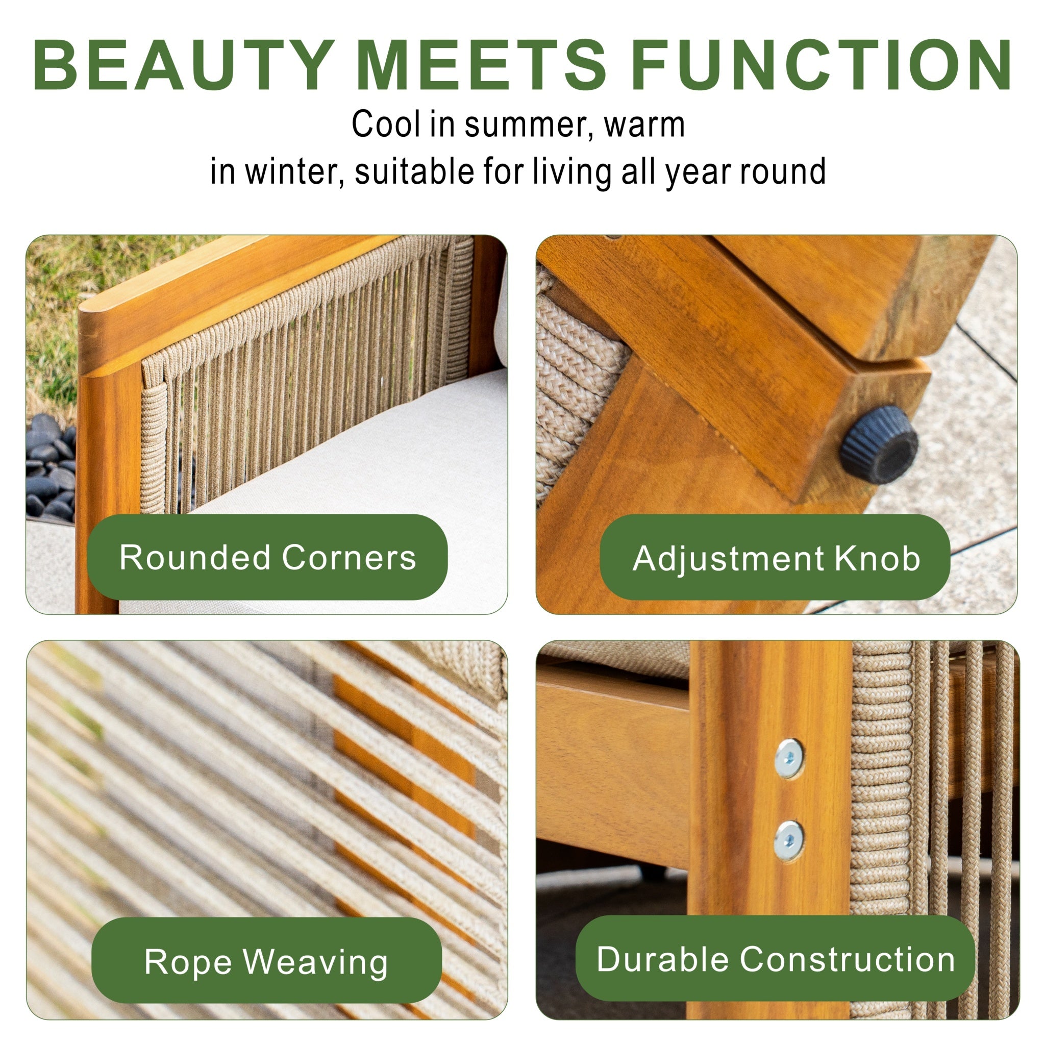 CAVEN Solid Wood Outdoor Right Arm Sofa with Adjustable Seat