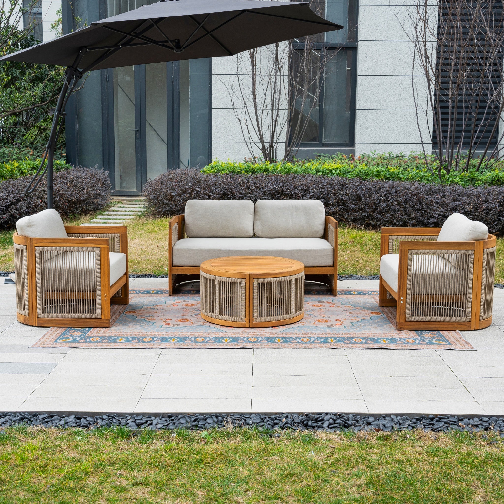 CAVEN 4-Seater Solid Wood Garden Sofa Set - 4-Piece Outdoor Sofa Set with Cushions