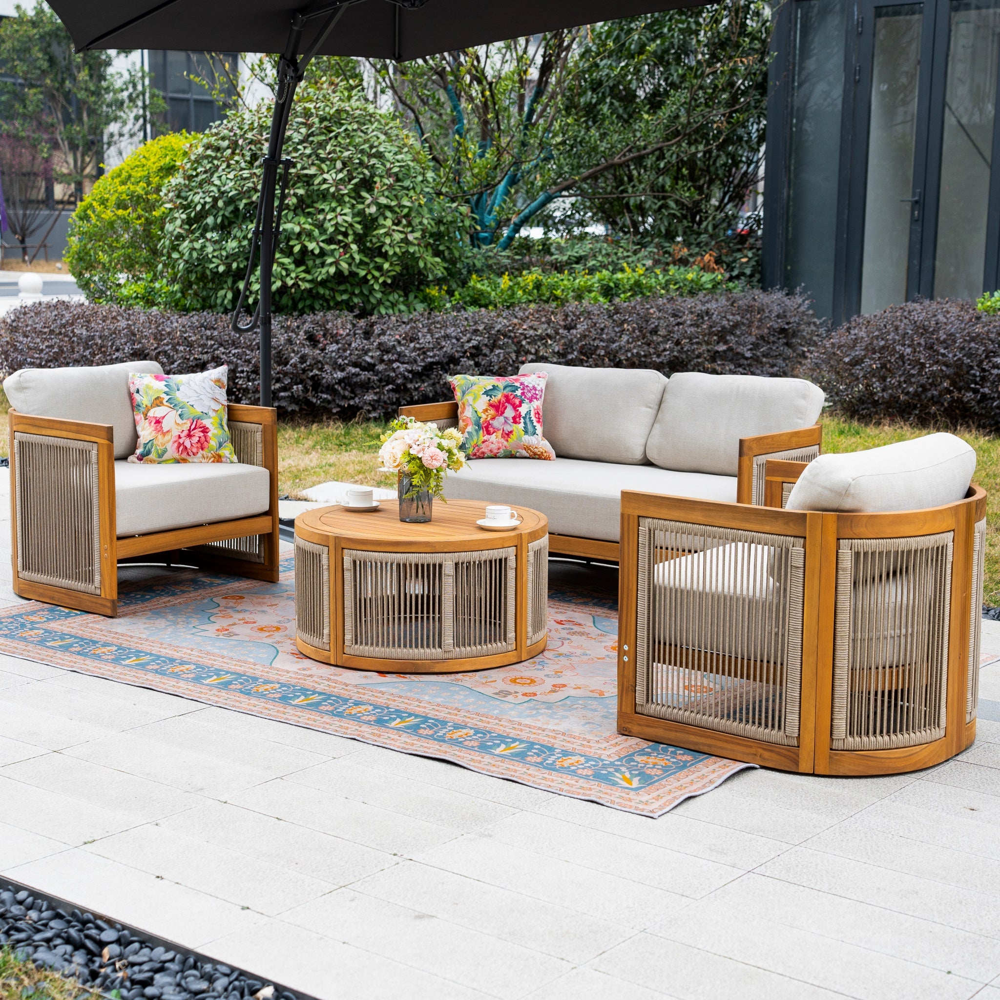 CAVEN 4-Seater Solid Wood Garden Sofa Set - 4-Piece Outdoor Sofa Set with Cushions