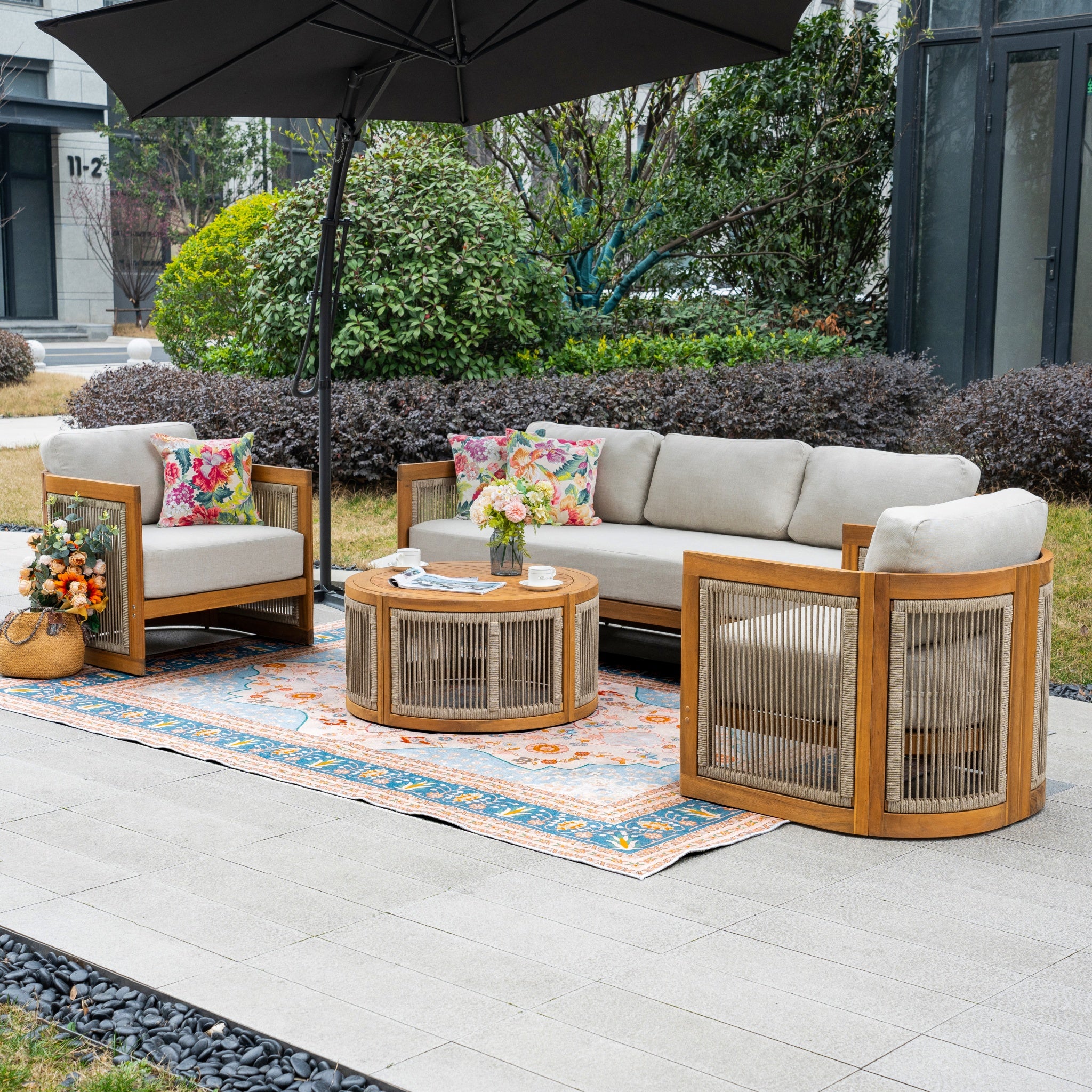 CAVEN 5-Seater Solid Wood Garden Sofa Set - 4-Piece Outdoor Sofa Set with Cushions