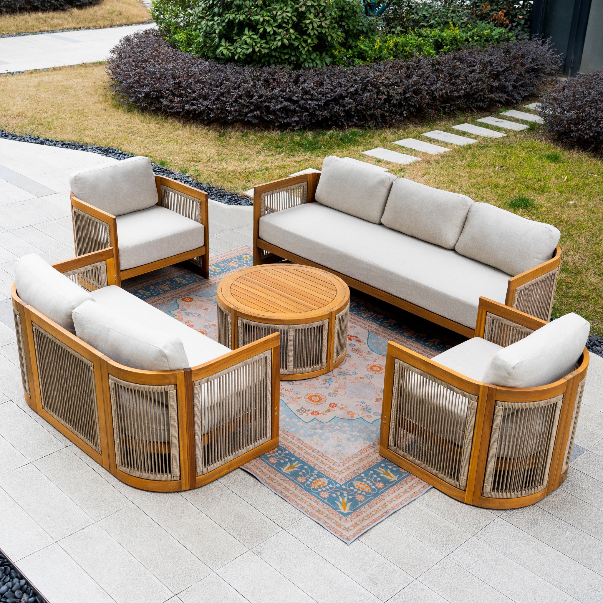 CAVEN 7-Seater Solid Wood Garden Sofa Set - 5-Piece Outdoor Sofa Set with Cushions