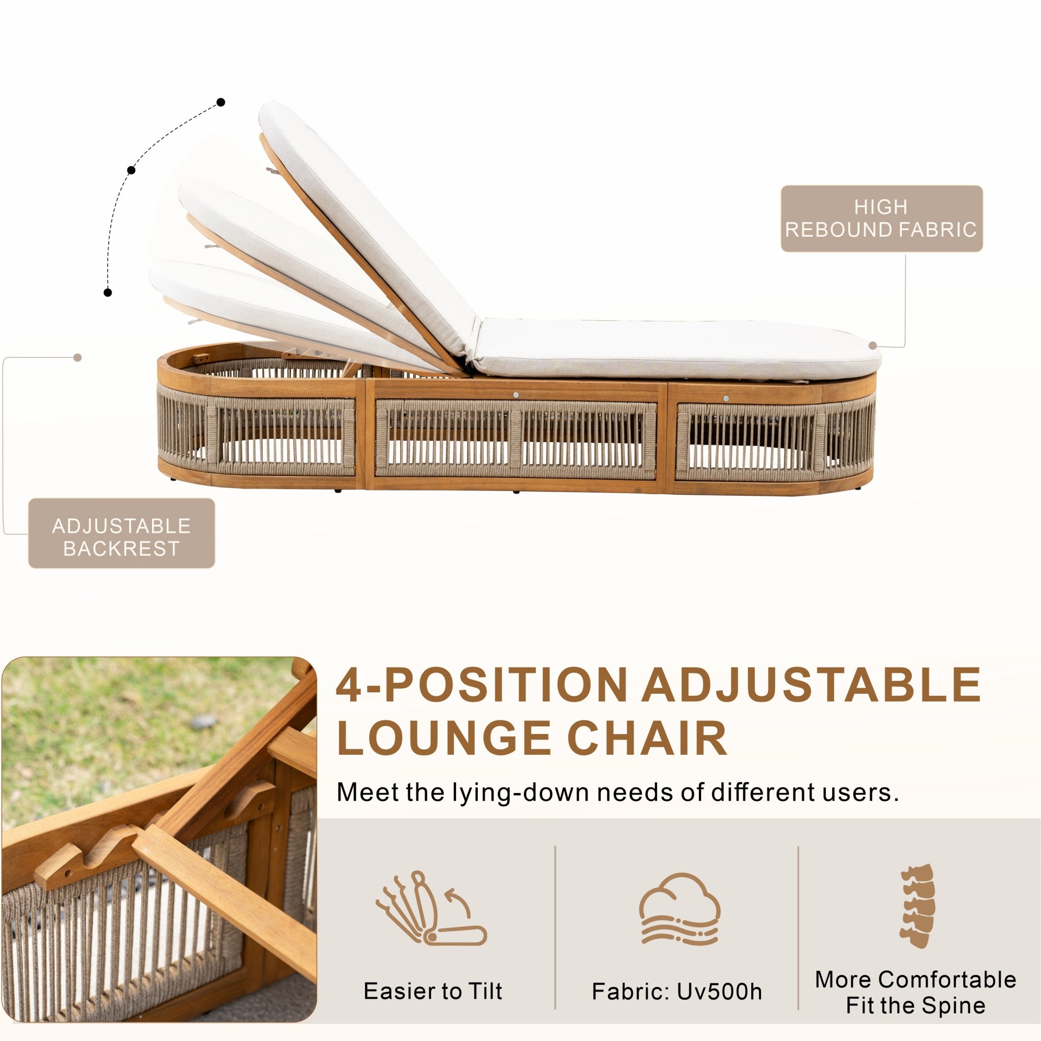 CAVEN Solid Wood Adjustable Sun Lounger Set with Side Tables