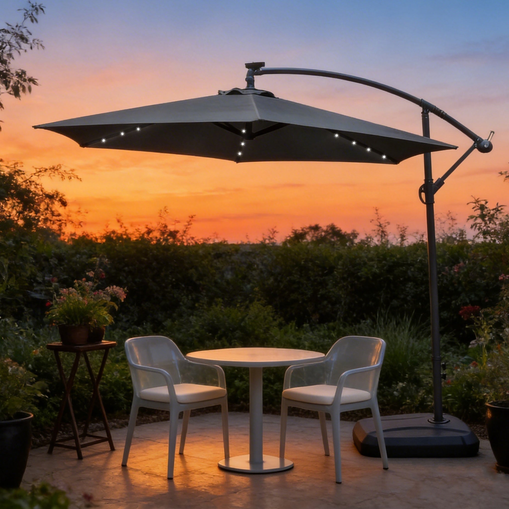LED Cantilever Garden Parasol with Steel Frame – 8 Rib, Vented Canopy & Weighted Base
