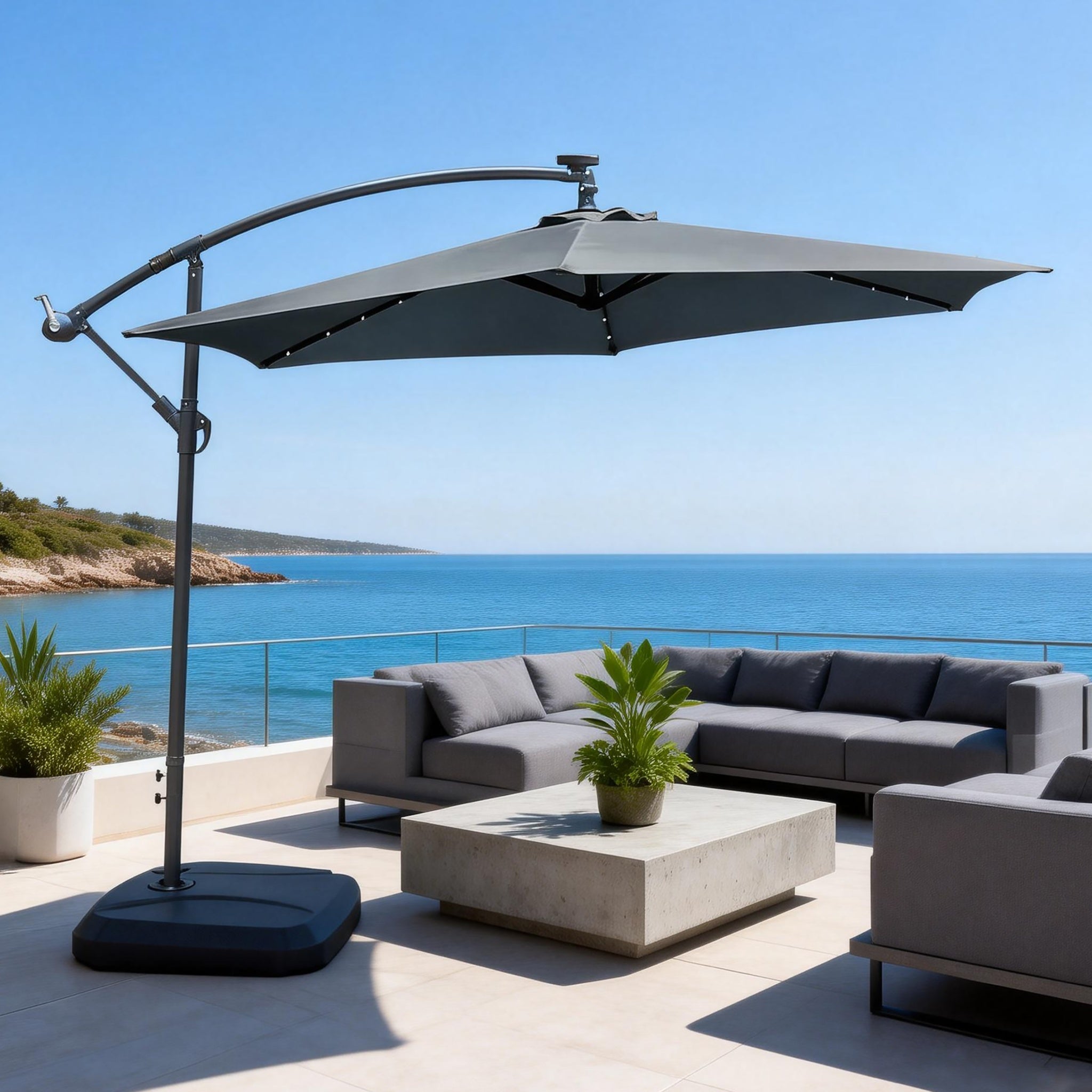 LED Cantilever Garden Parasol with Steel Frame – 8 Rib, Vented Canopy & Weighted Base