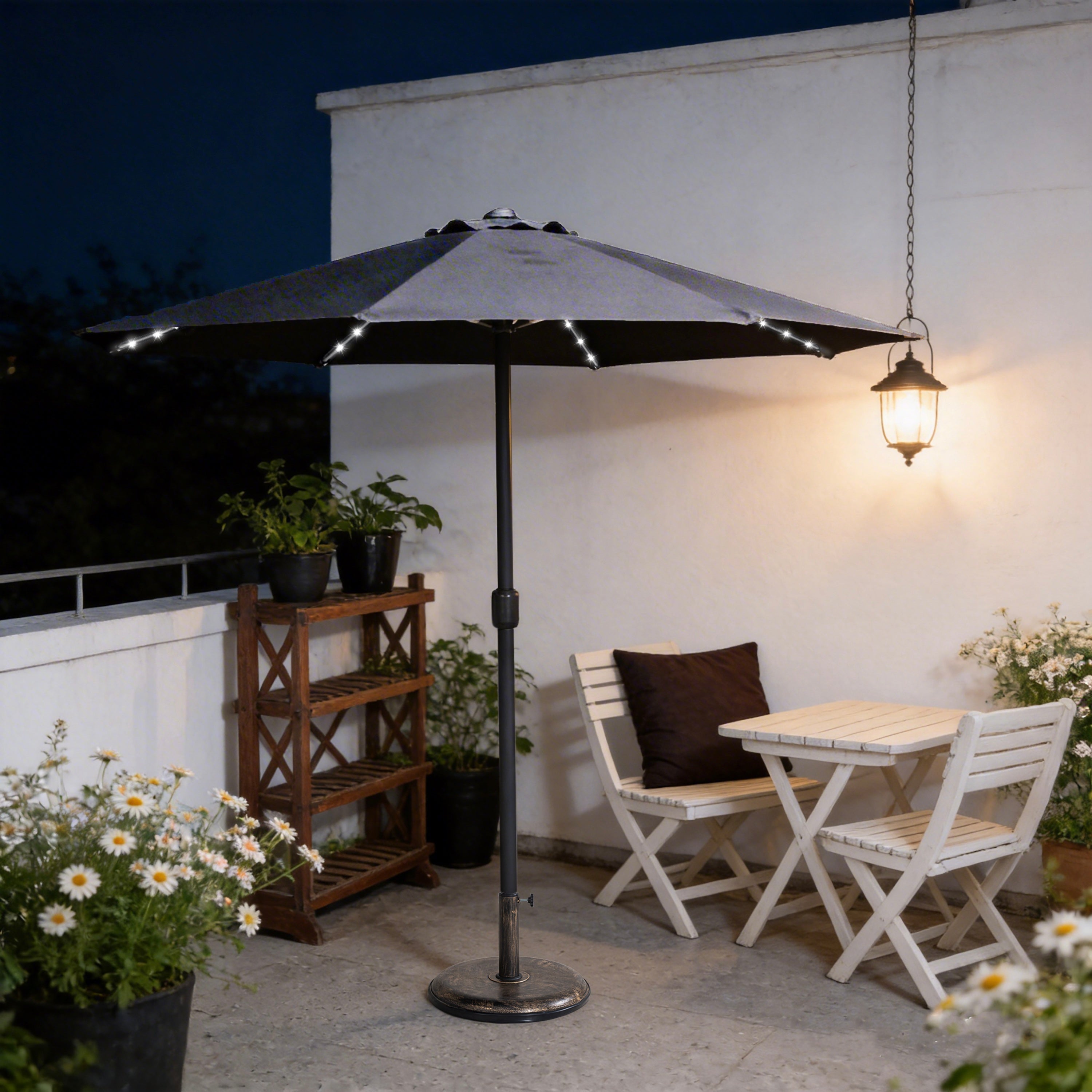 LED Garden Parasol with Steel Pole – 8 Rib, Crank Handle & Vented Canopy