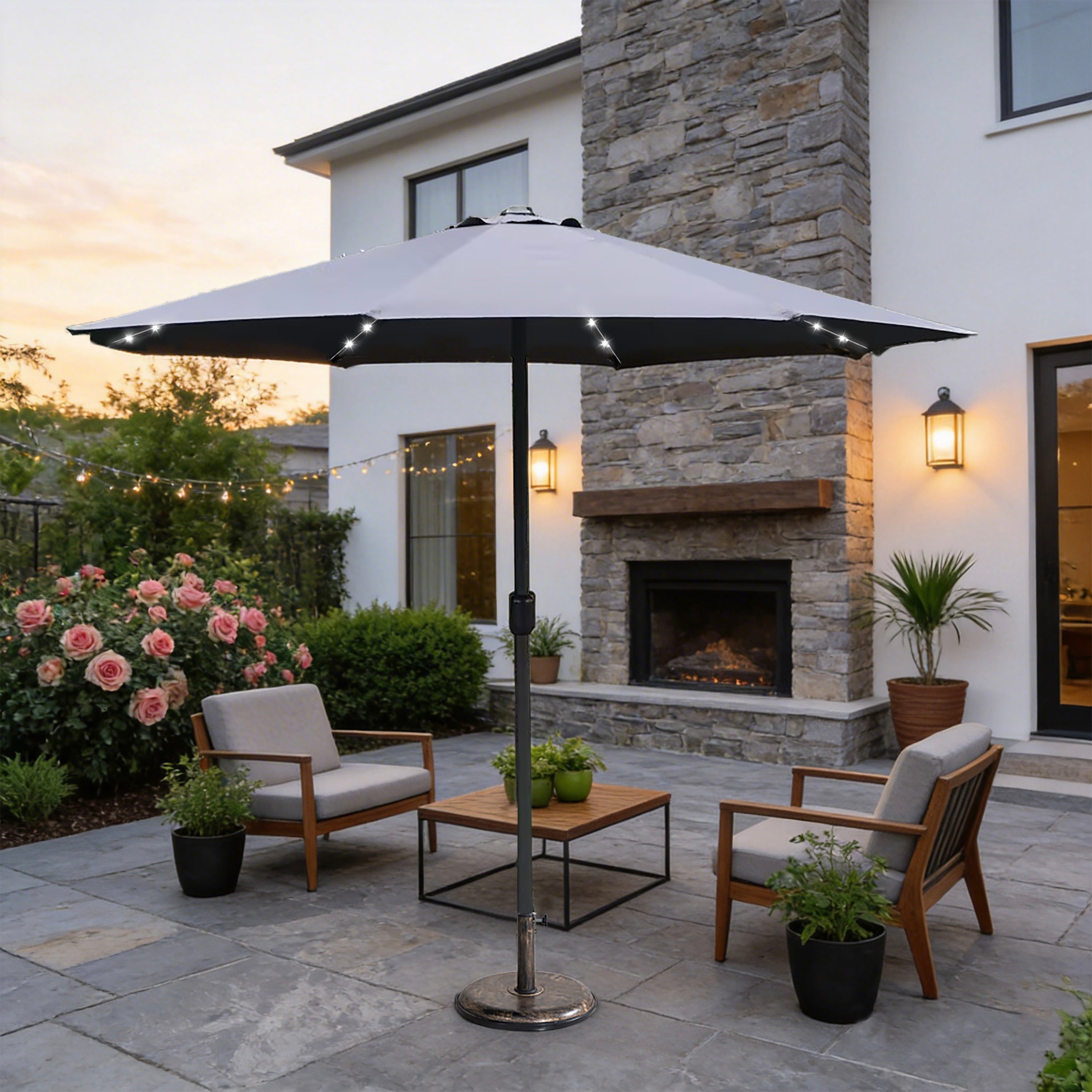LED Garden Parasol with Steel Pole – 8 Rib, Crank Handle & Vented Canopy