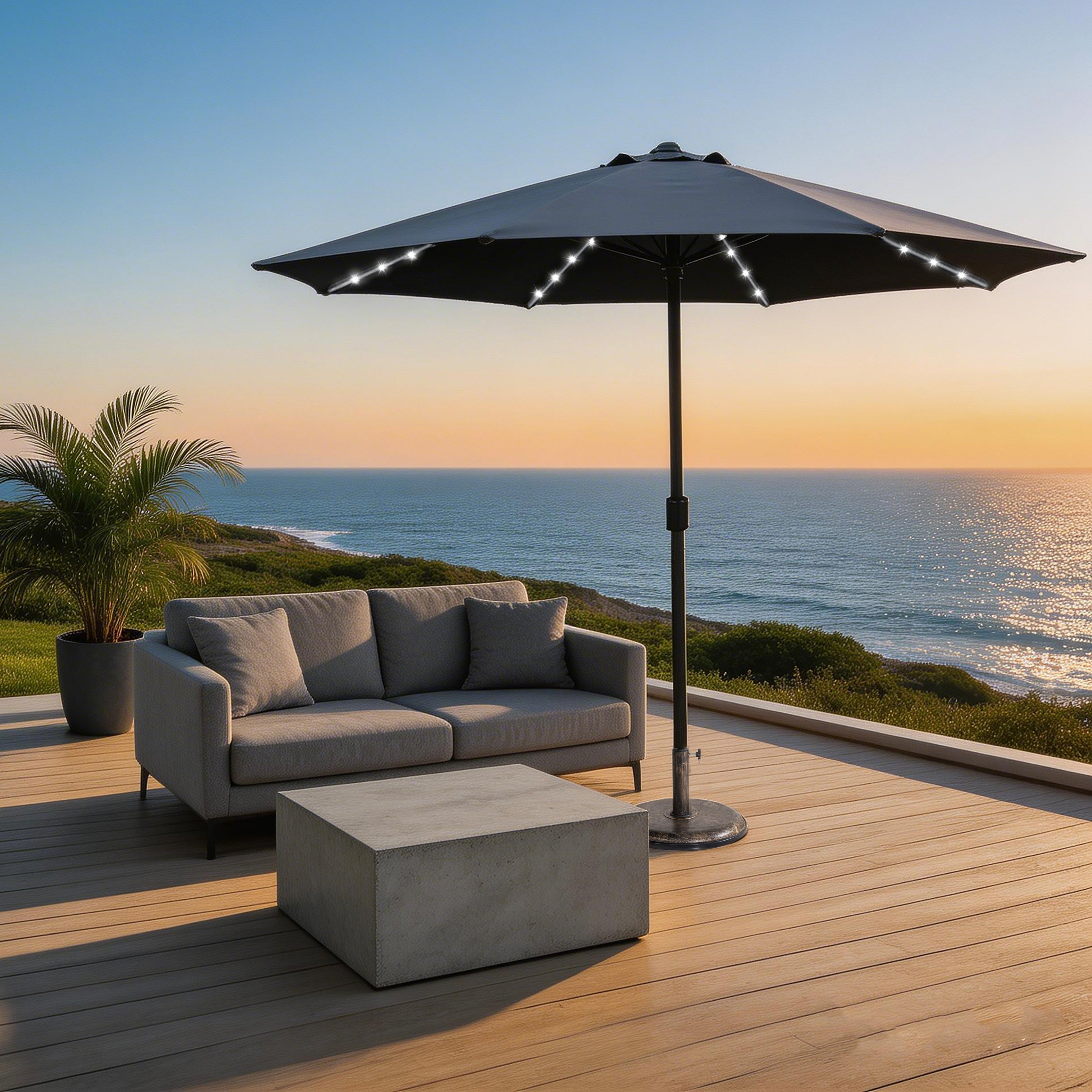 LED Garden Parasol with Steel Pole – 8 Rib, Crank Handle & Vented Canopy