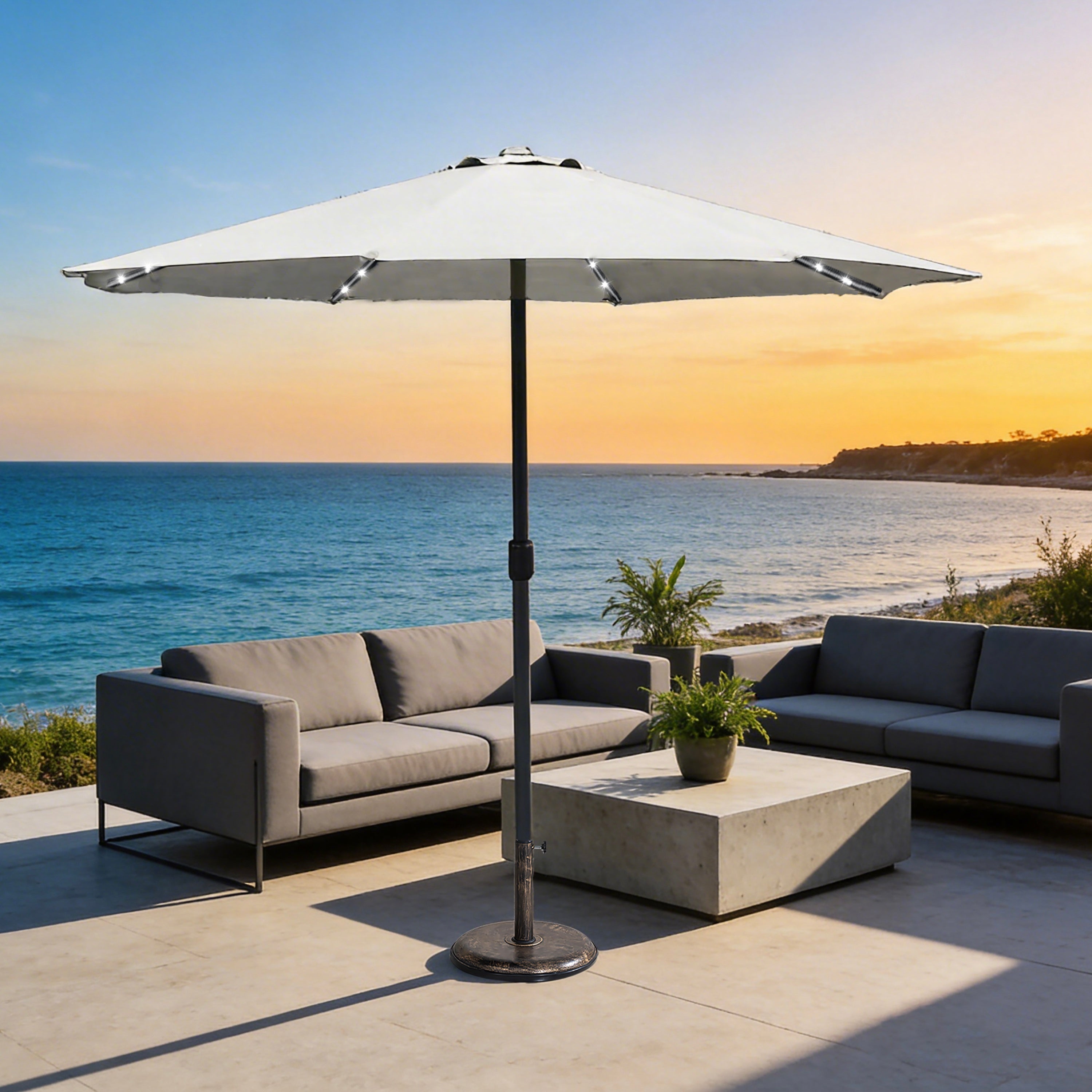 LED Garden Parasol with Steel Pole – 8 Rib, Crank Handle & Vented Canopy