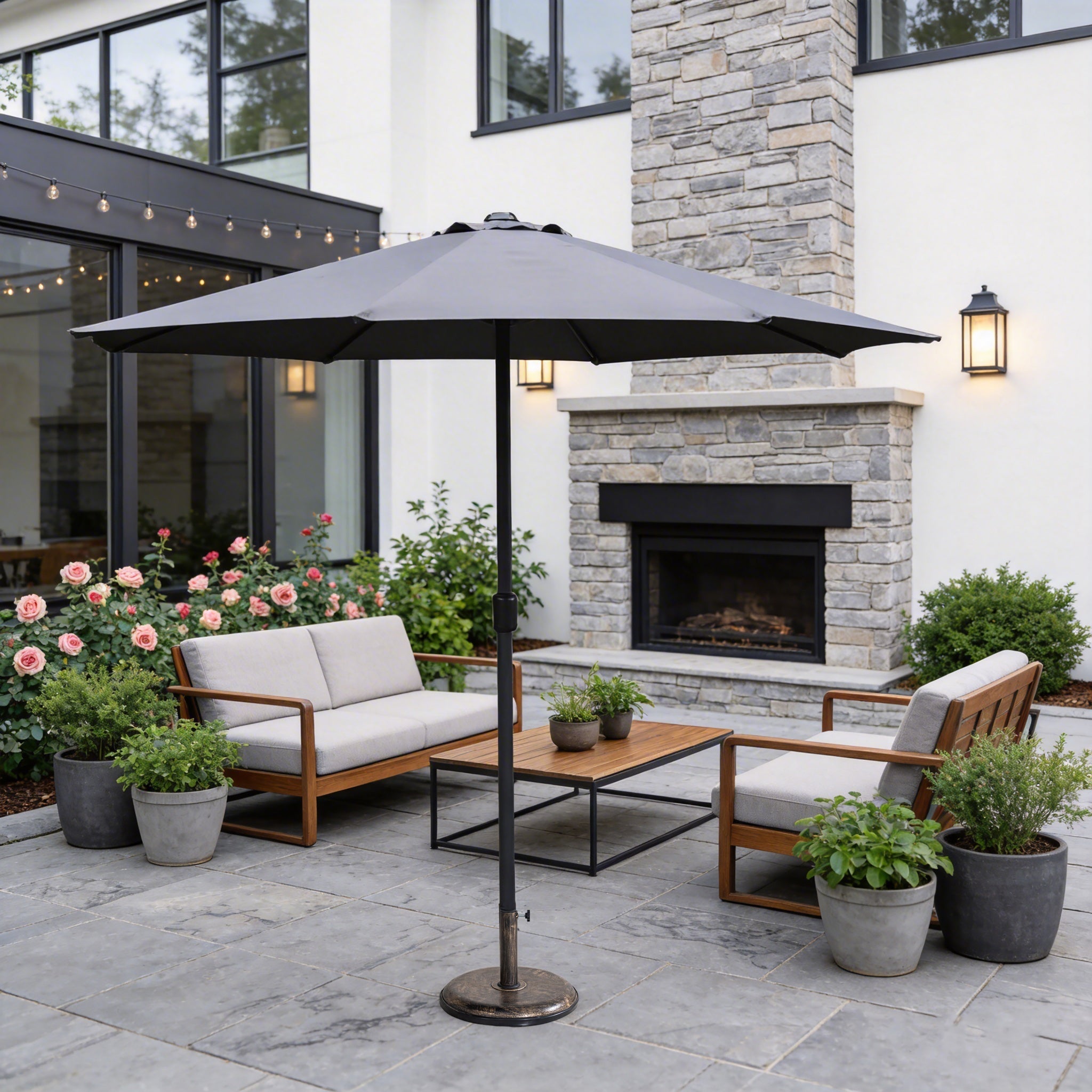 Outdoor Garden Parasol with Steel Pole – 8 Rib, Crank Handle & Vent