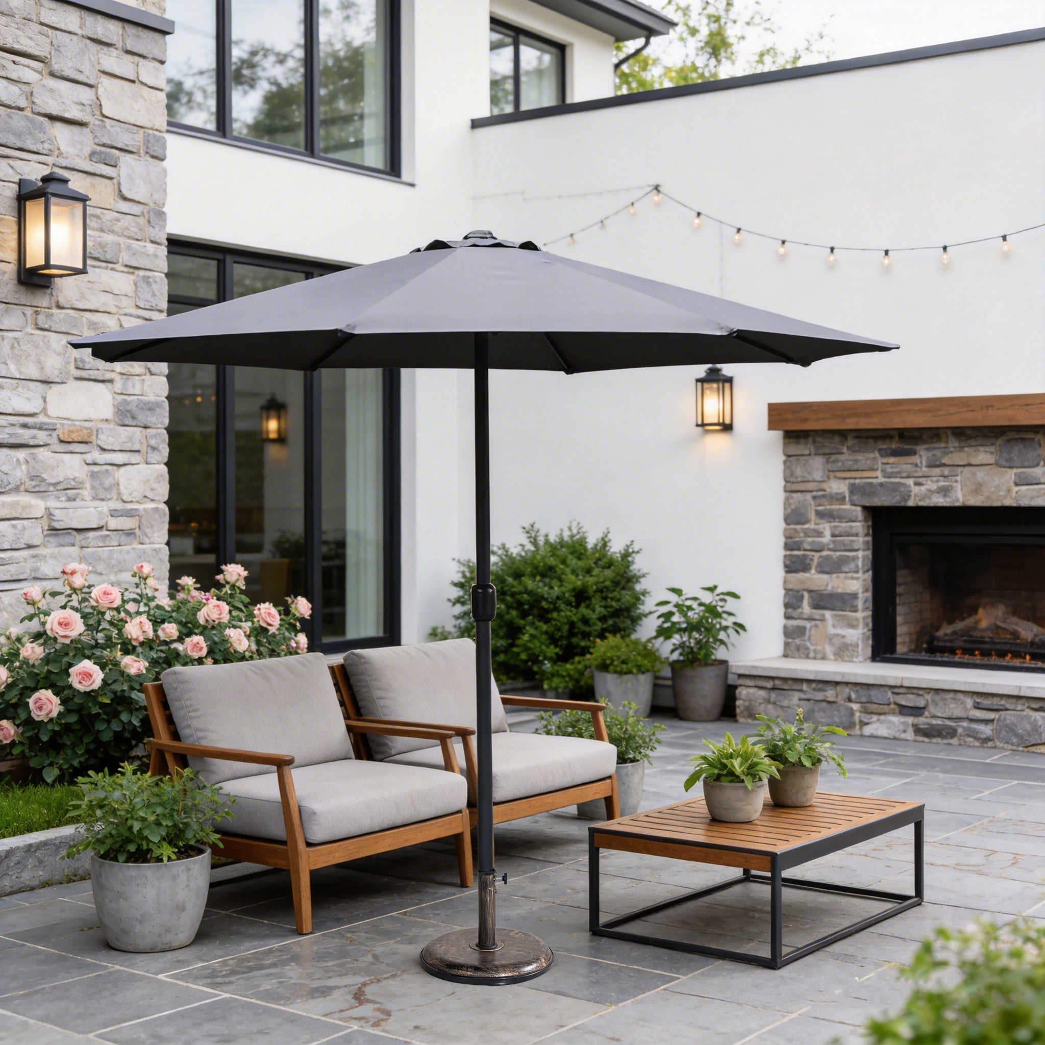 Outdoor Garden Parasol with Steel Pole – 8 Rib, Crank Handle & Vent