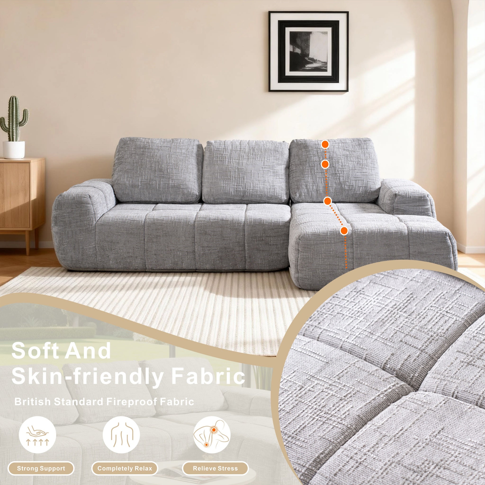 SOFTY Compressed Sectional Sofa with Chaise (Textured Line Design)