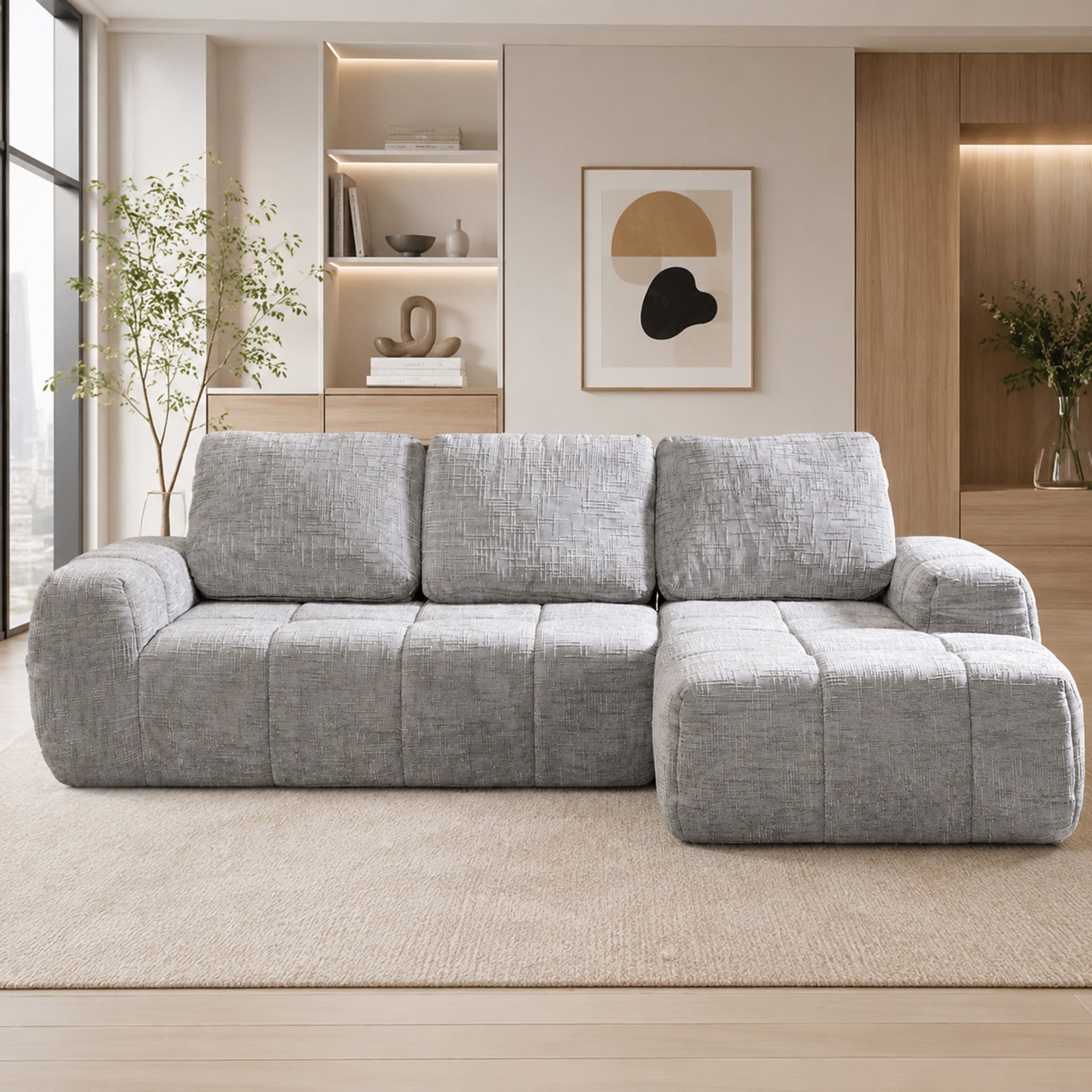 SOFTY Compressed Sectional Sofa with Chaise (Textured Line Design)