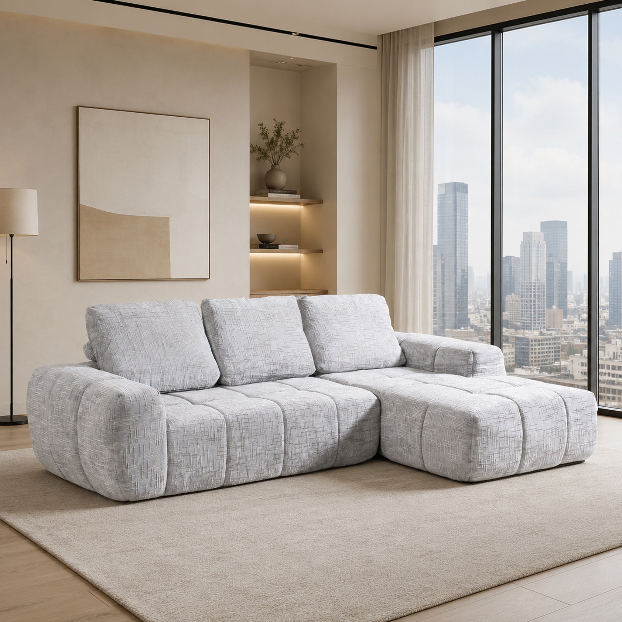 SOFTY Compressed Sectional Sofa with Chaise (Textured Line Design)