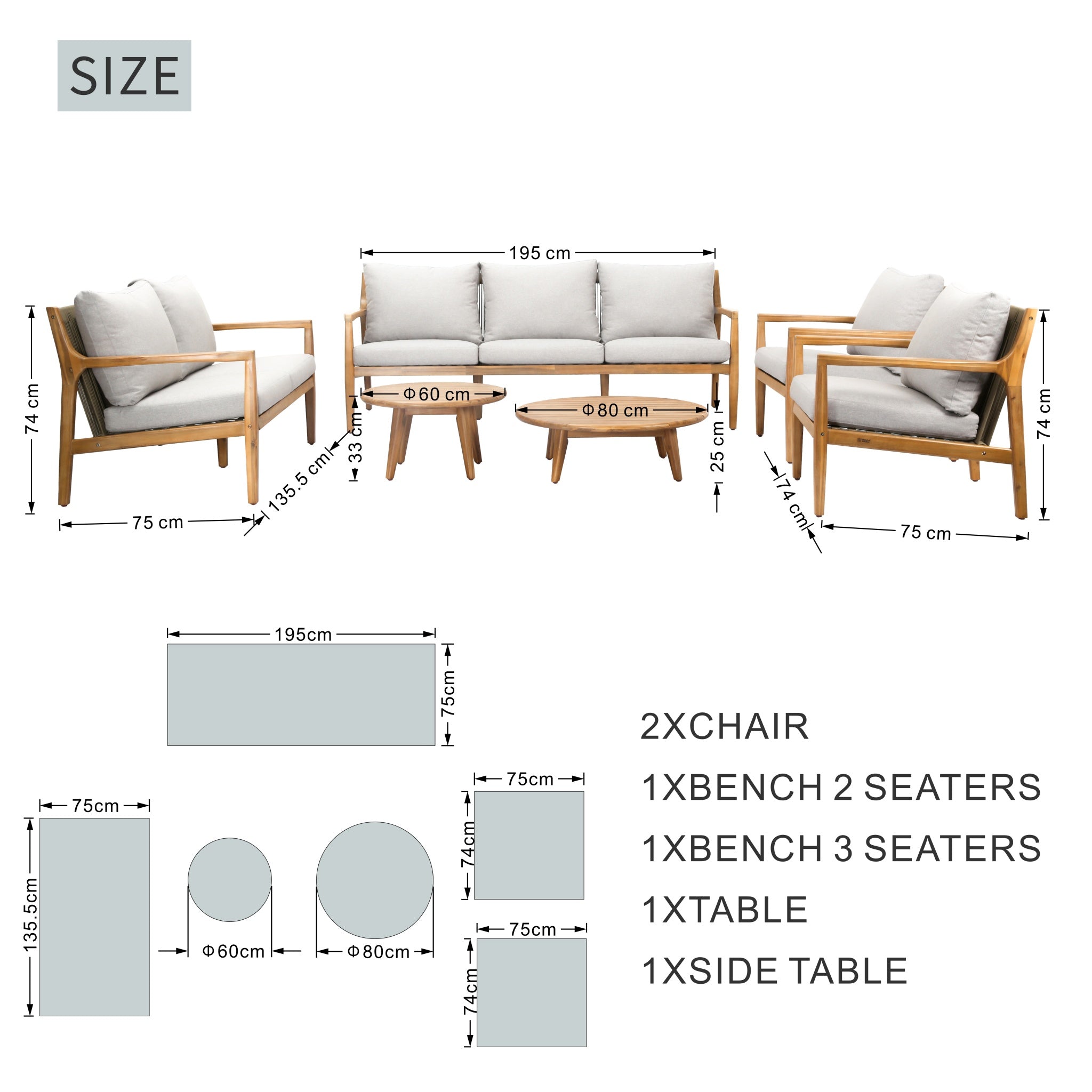 SOLARA 6-Piece Wood Outdoor Sofa Set – 7-Seater