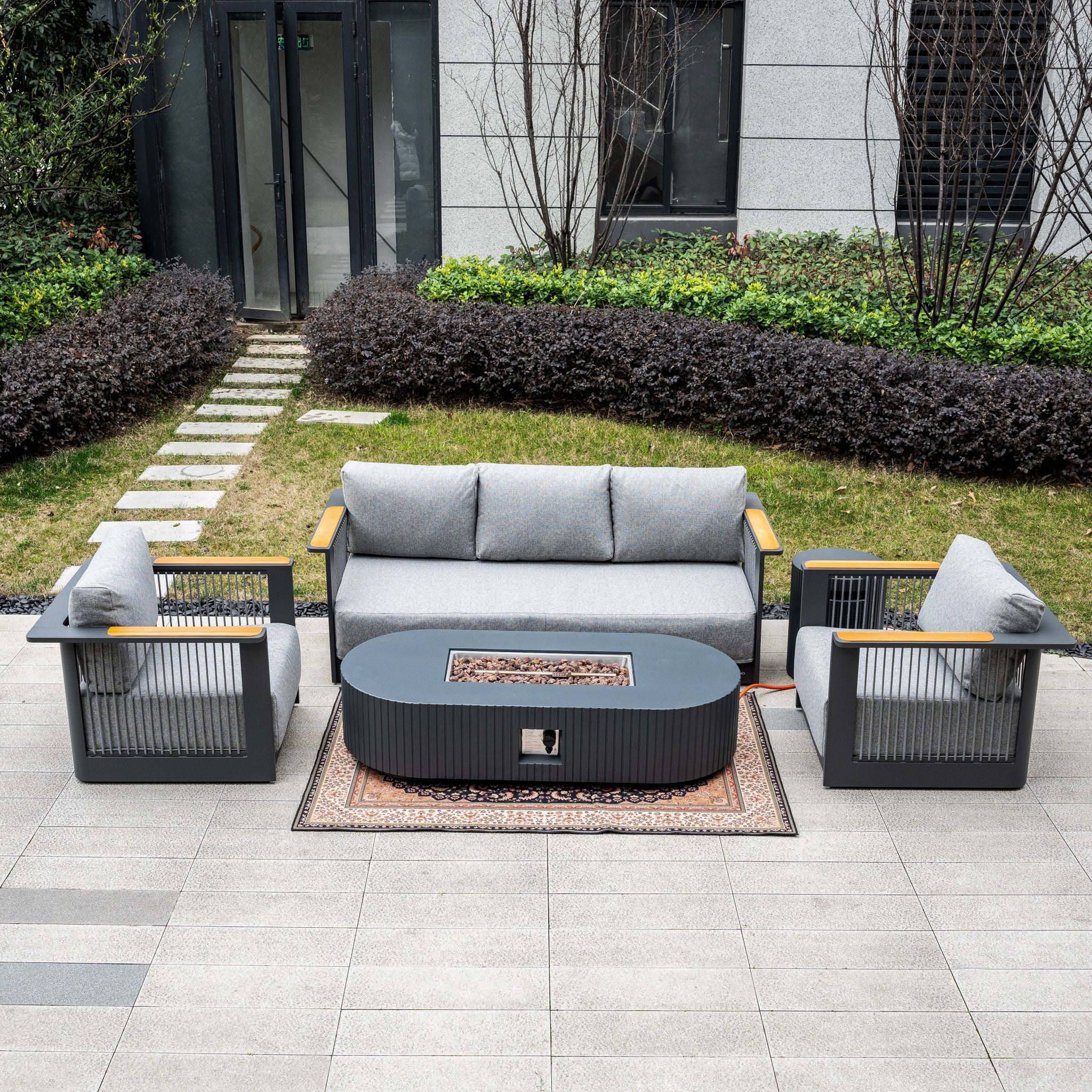 TALARA 5-Seater Aluminium Sofa Set with LYRIN Fire Pit Table