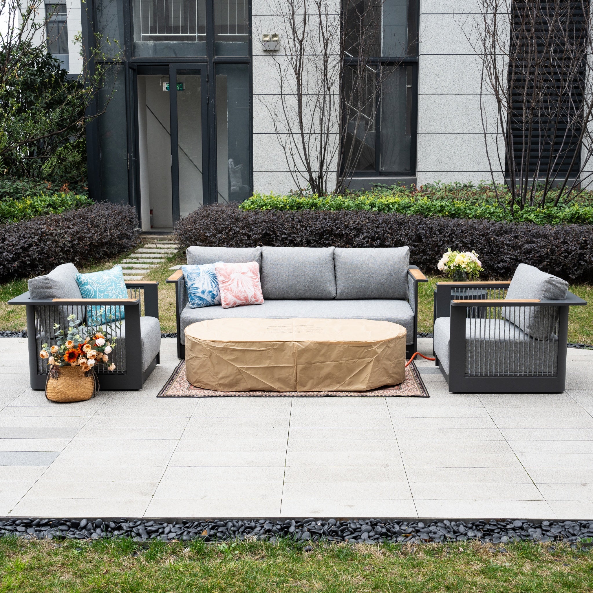 TALARA 5-Seater Aluminium Sofa Set with LYRIN Fire Pit Table