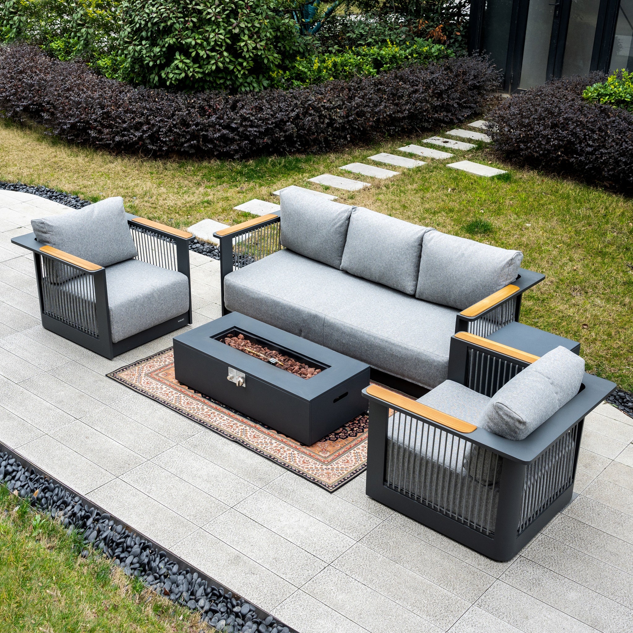 TALARA 5-Seater Aluminium Sofa Set with ZENITH Fire Pit Table