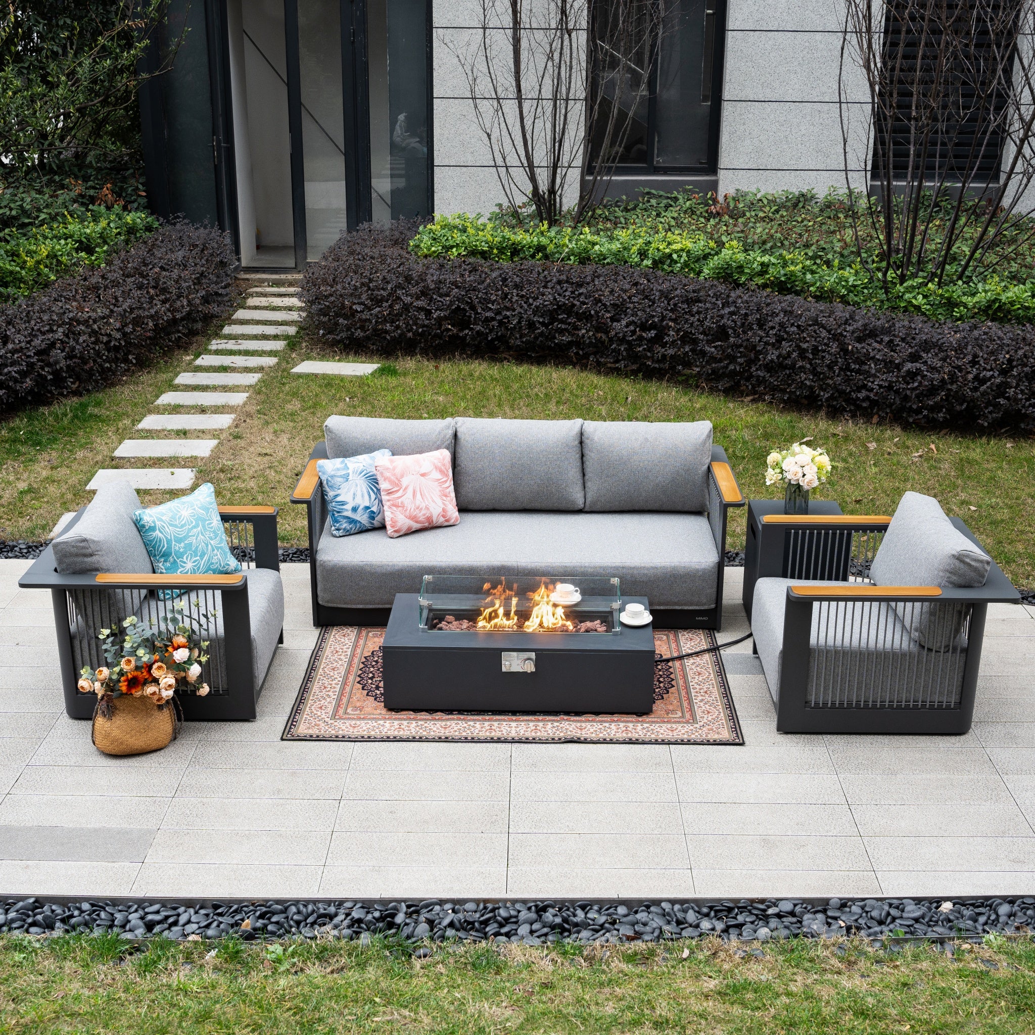 TALARA 5-Seater Aluminium Sofa Set with ZENITH Fire Pit Table