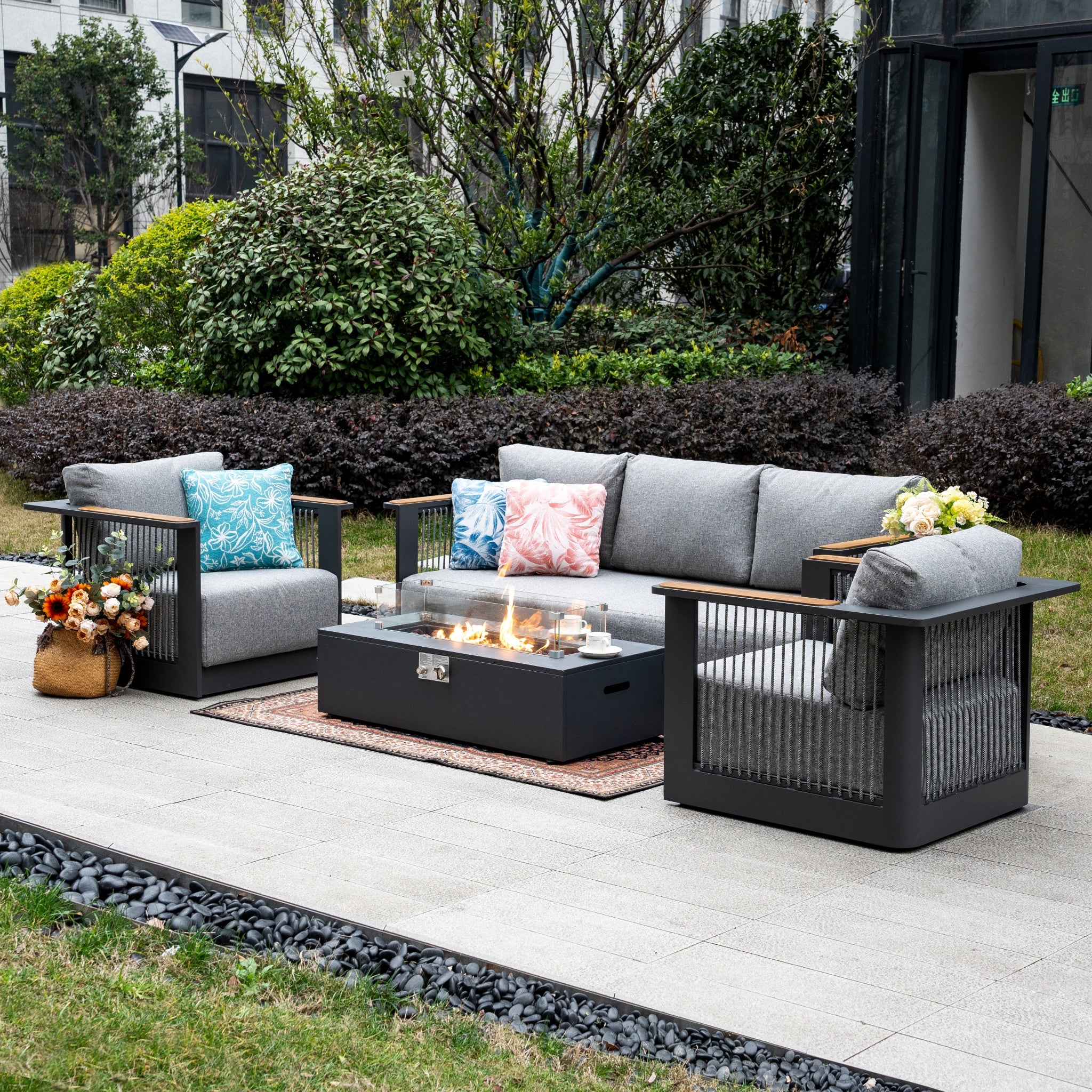 TALARA 5-Seater Aluminium Sofa Set with ZENITH Fire Pit Table