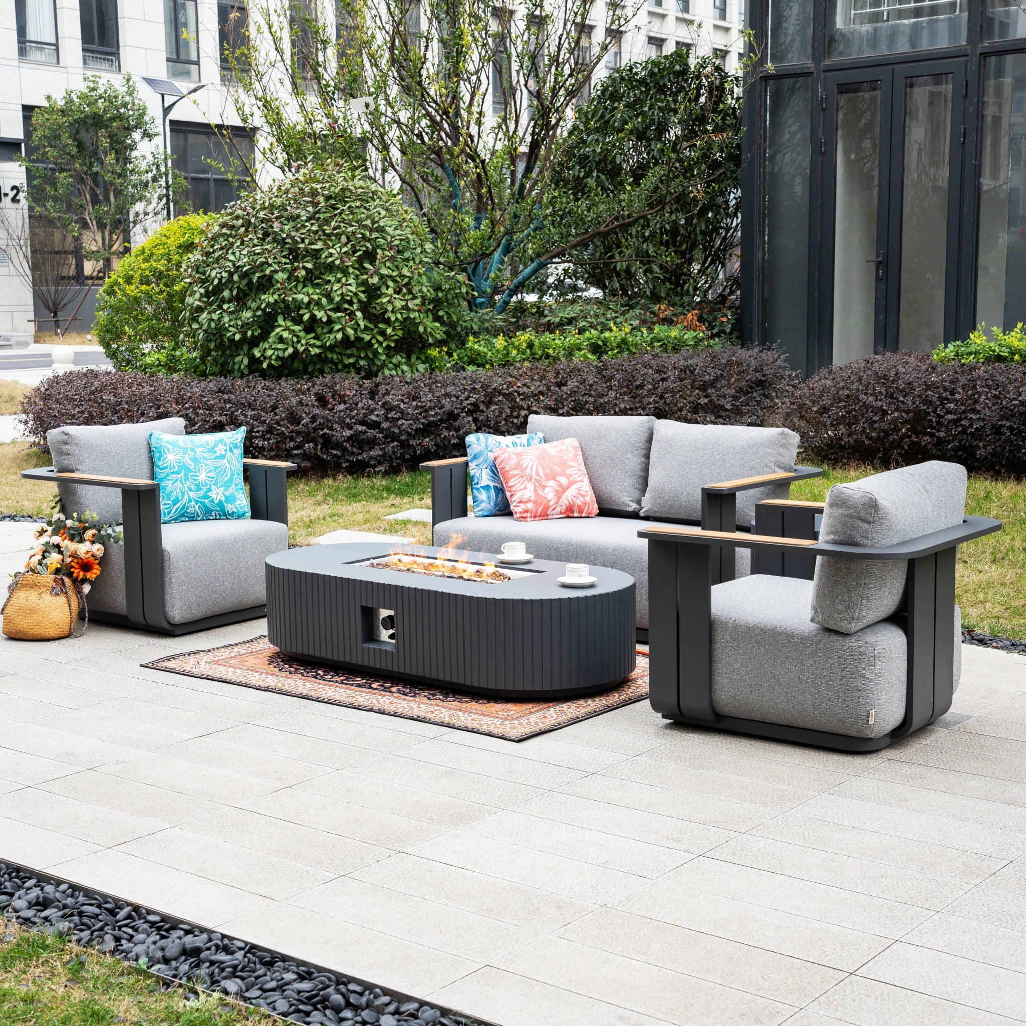 VAREL 4-Piece Sofa Set with LYRIN Fire Pit Table (2 Armchairs + 2-Seater)
