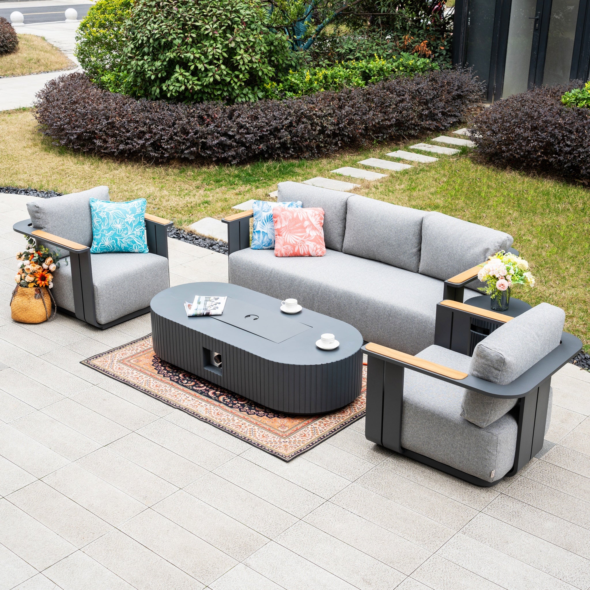 VAREL 4-Piece Sofa Set with LYRIN Fire Pit Table (2 Armchairs + 3-Seater)