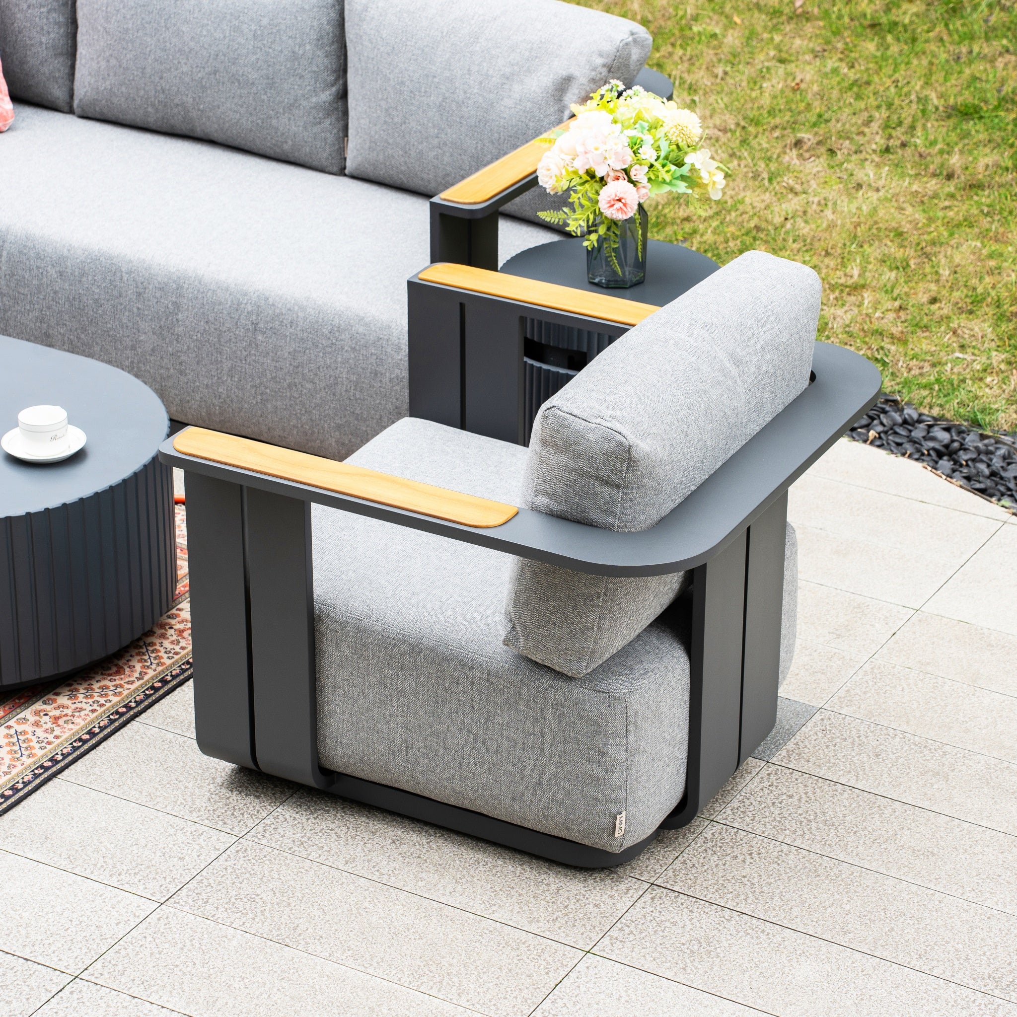 VAREL 4-Piece Sofa Set with LYRIN Fire Pit Table (2 Armchairs + 3-Seater)