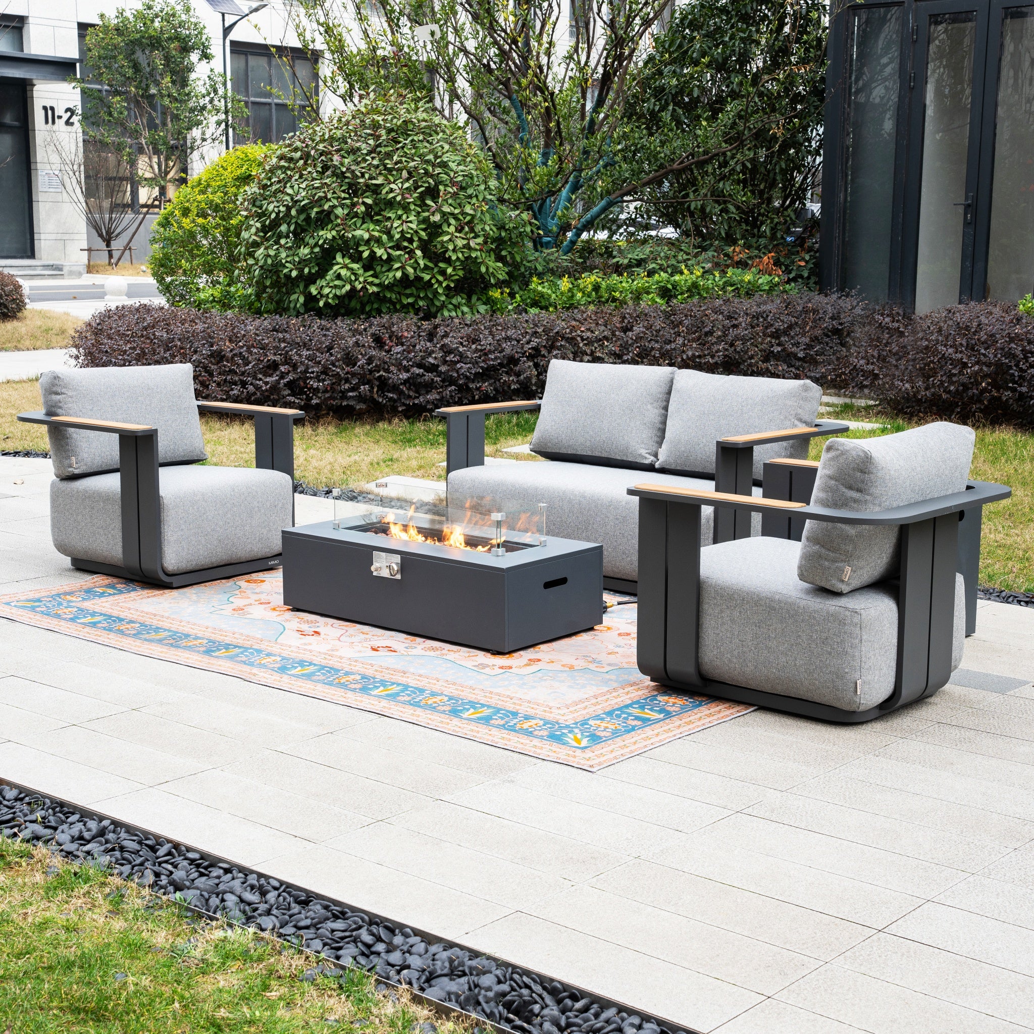 VAREL 4-Piece Sofa Set with ZENITH Fire Pit Table (2 Armchairs + 2-Seater)