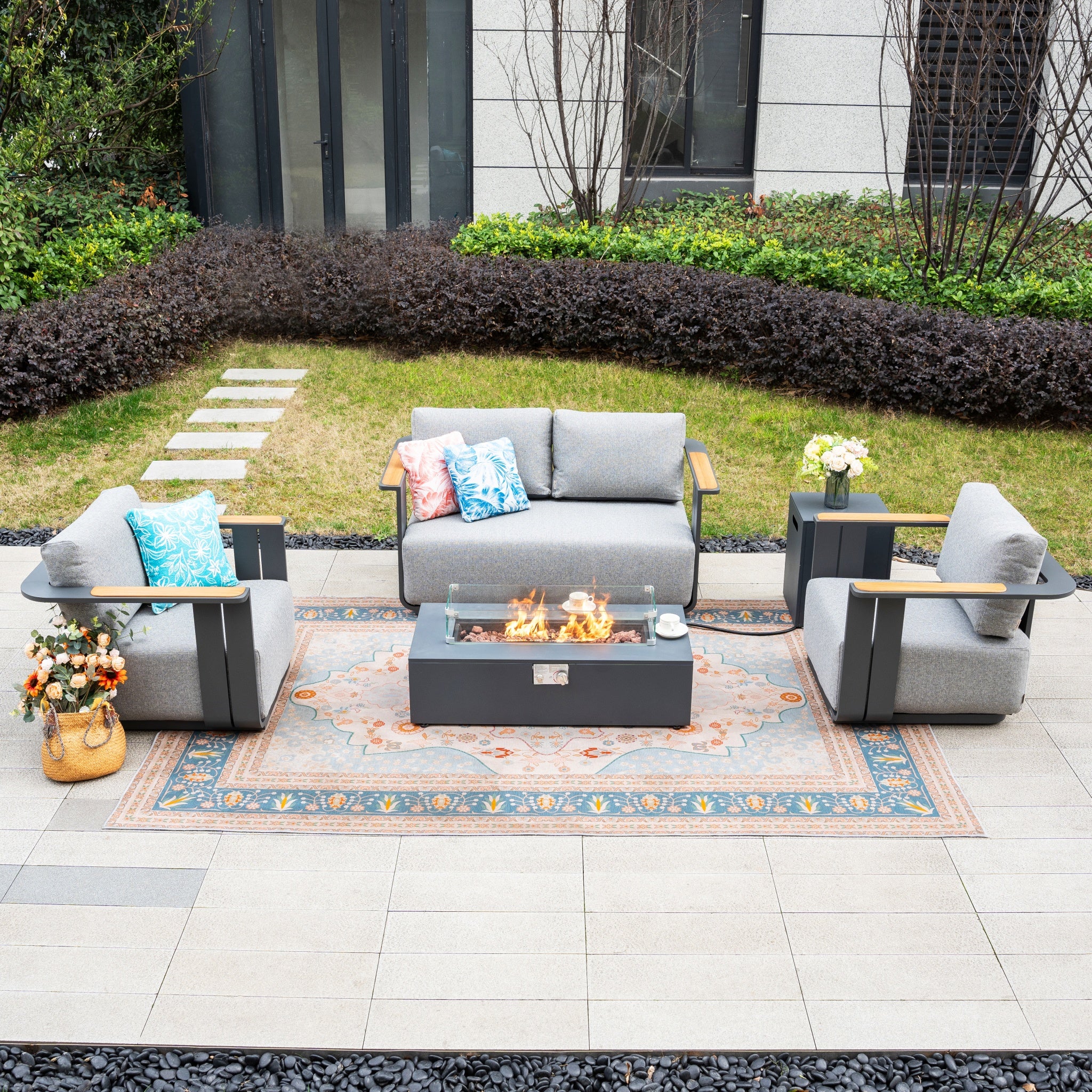 VAREL 4-Piece Sofa Set with ZENITH Fire Pit Table (2 Armchairs + 2-Seater)