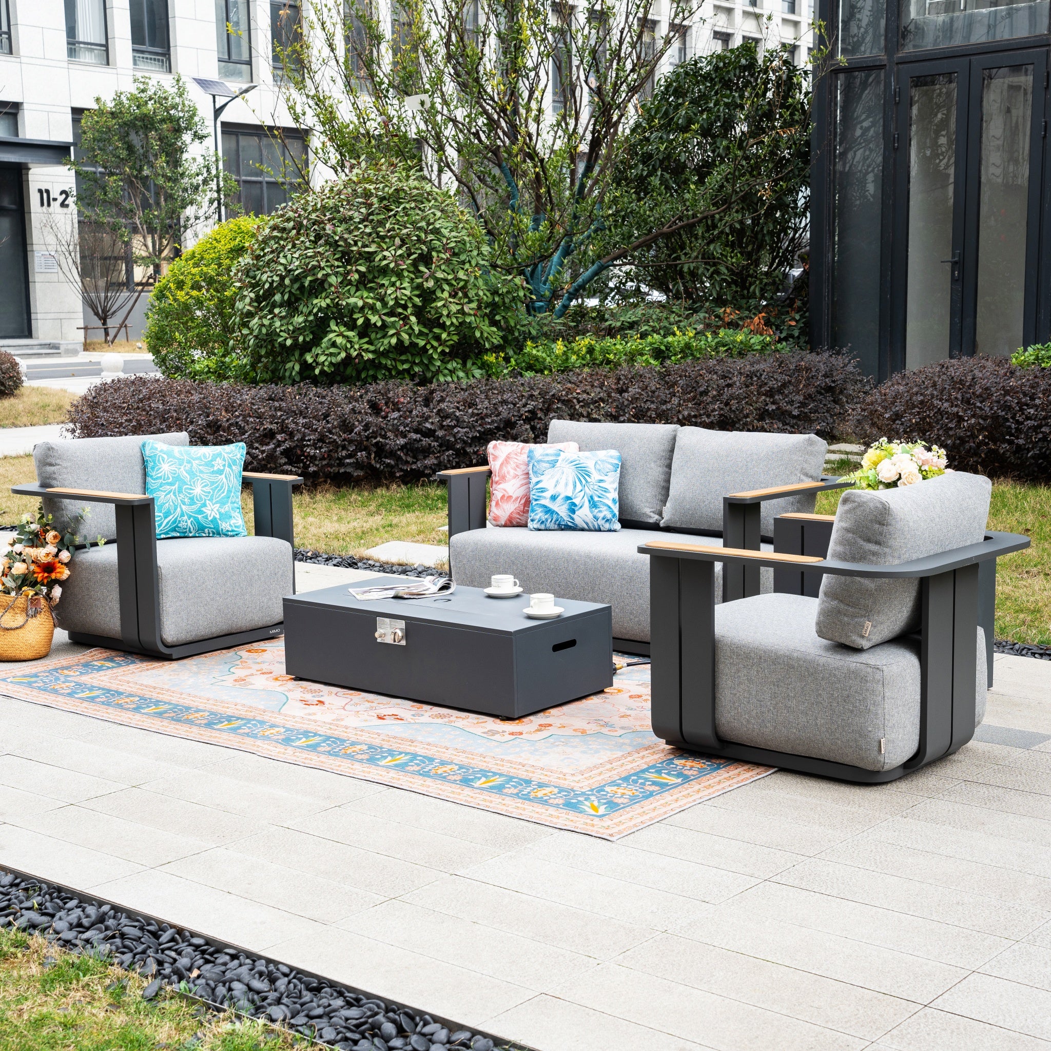 VAREL 4-Piece Sofa Set with ZENITH Fire Pit Table (2 Armchairs + 2-Seater)