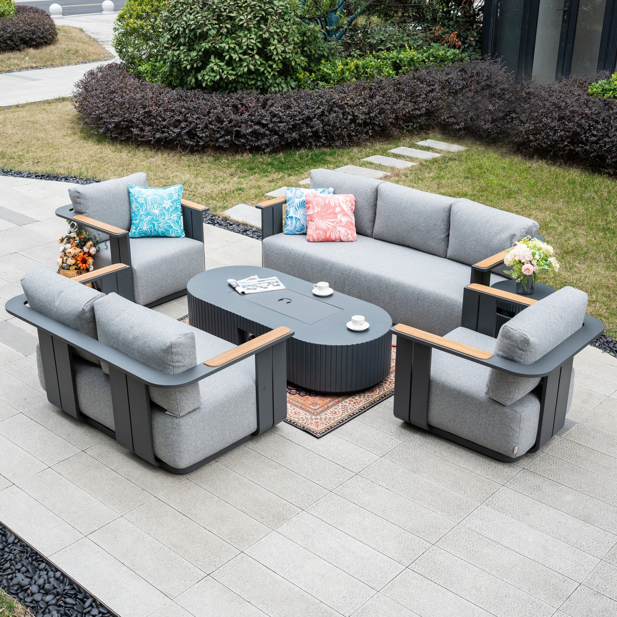 VAREL 5-Piece Sofa Set with LYRIN Fire Pit Table (Full Set)