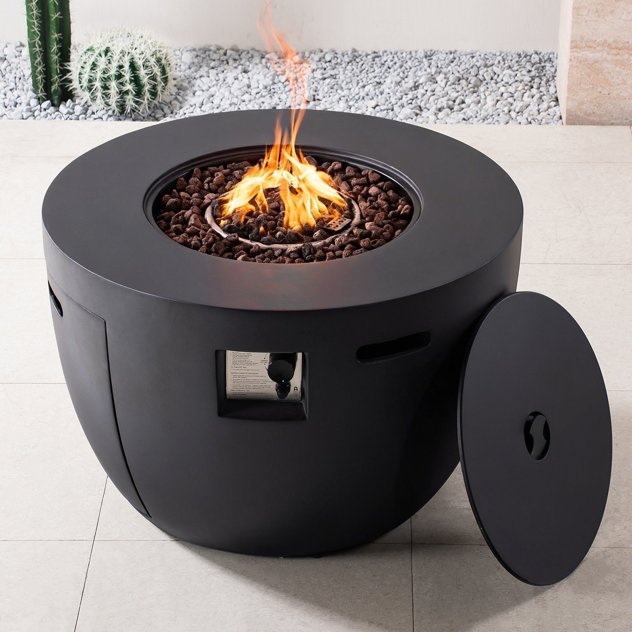 50,000 BTU Round Dark Gray Propane Fire Pit Table with Lid, Outdoor Gas Fire Table with Hidden Tank, Lava Rocks & Cover Included