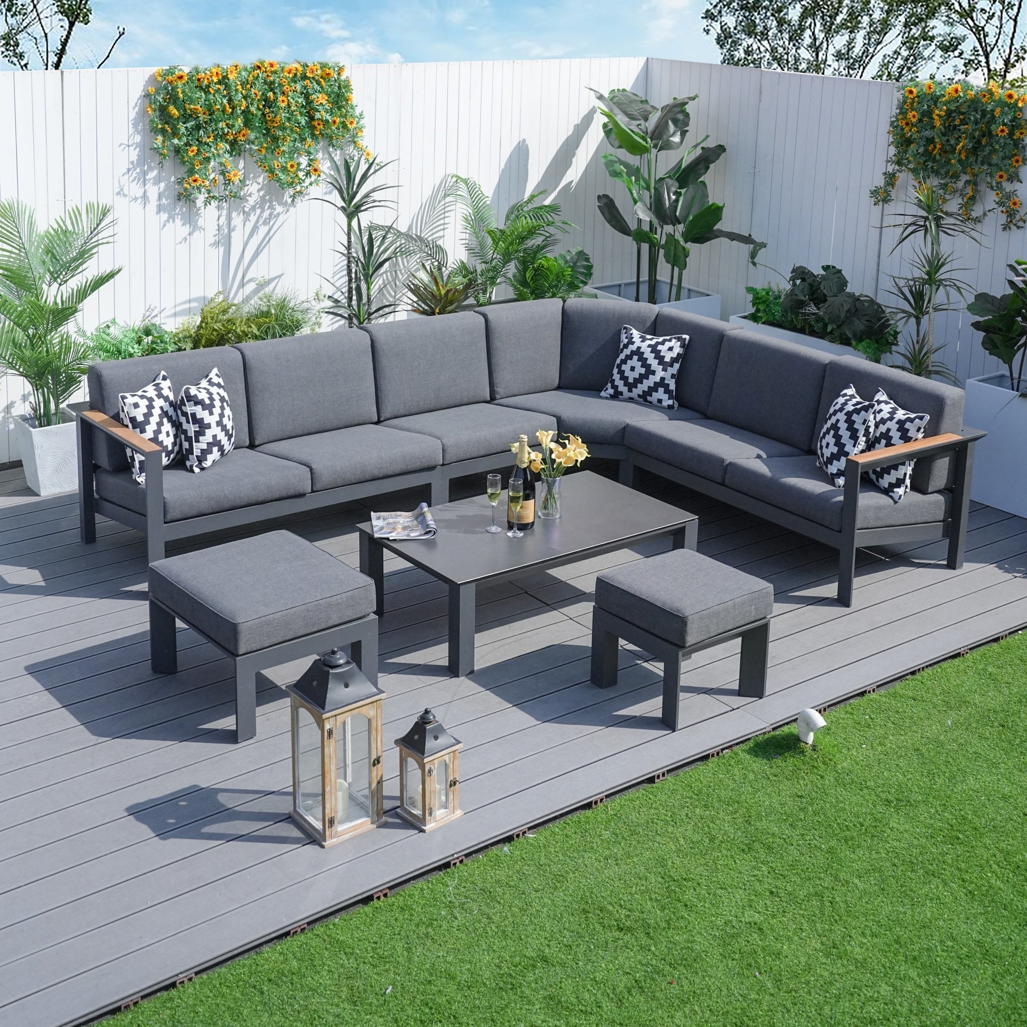 ARVE 5-Seater Modular Aluminium Outdoor Corner Sofa Set - 7 Pieces · Teak Armrests · Olefin Cushions · Ceramic Glass Coffee Table