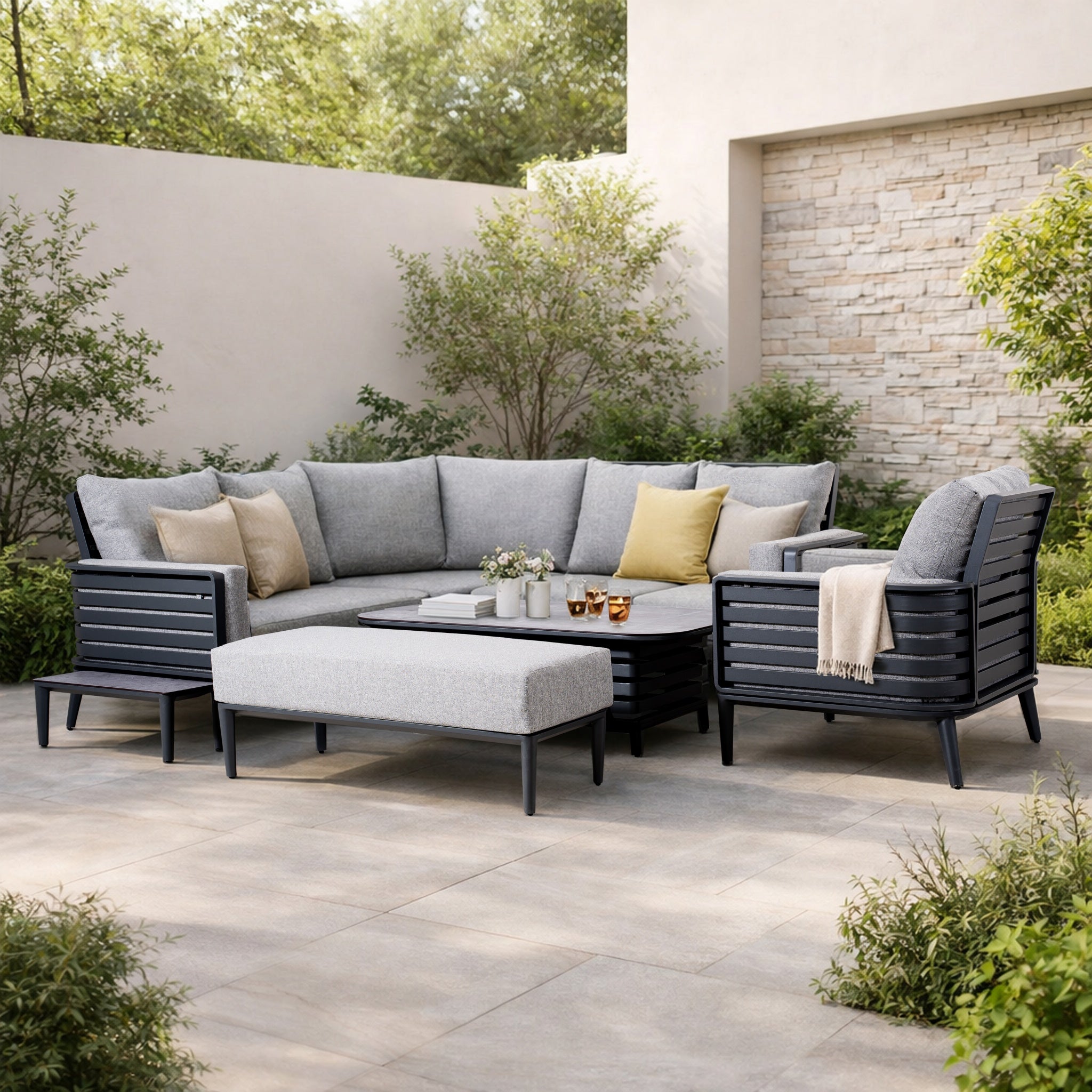 AUREL 9-Seater Aluminium Modular L-Shaped Outdoor Corner Sofa Set – 9 Pieces