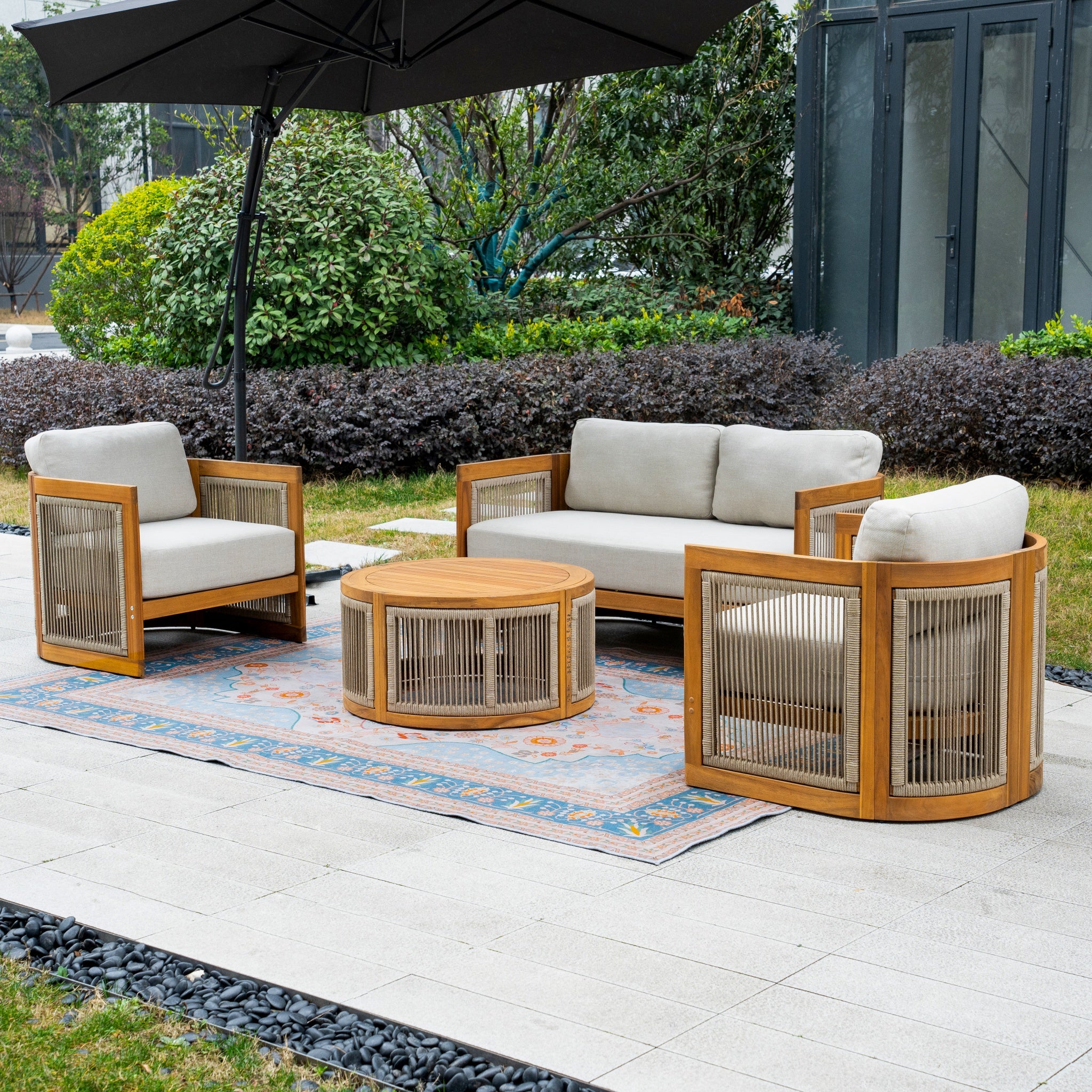 CAVEN 4-Seater Solid Wood Garden Sofa Set - 4-Piece Outdoor Sofa Set with Cushions