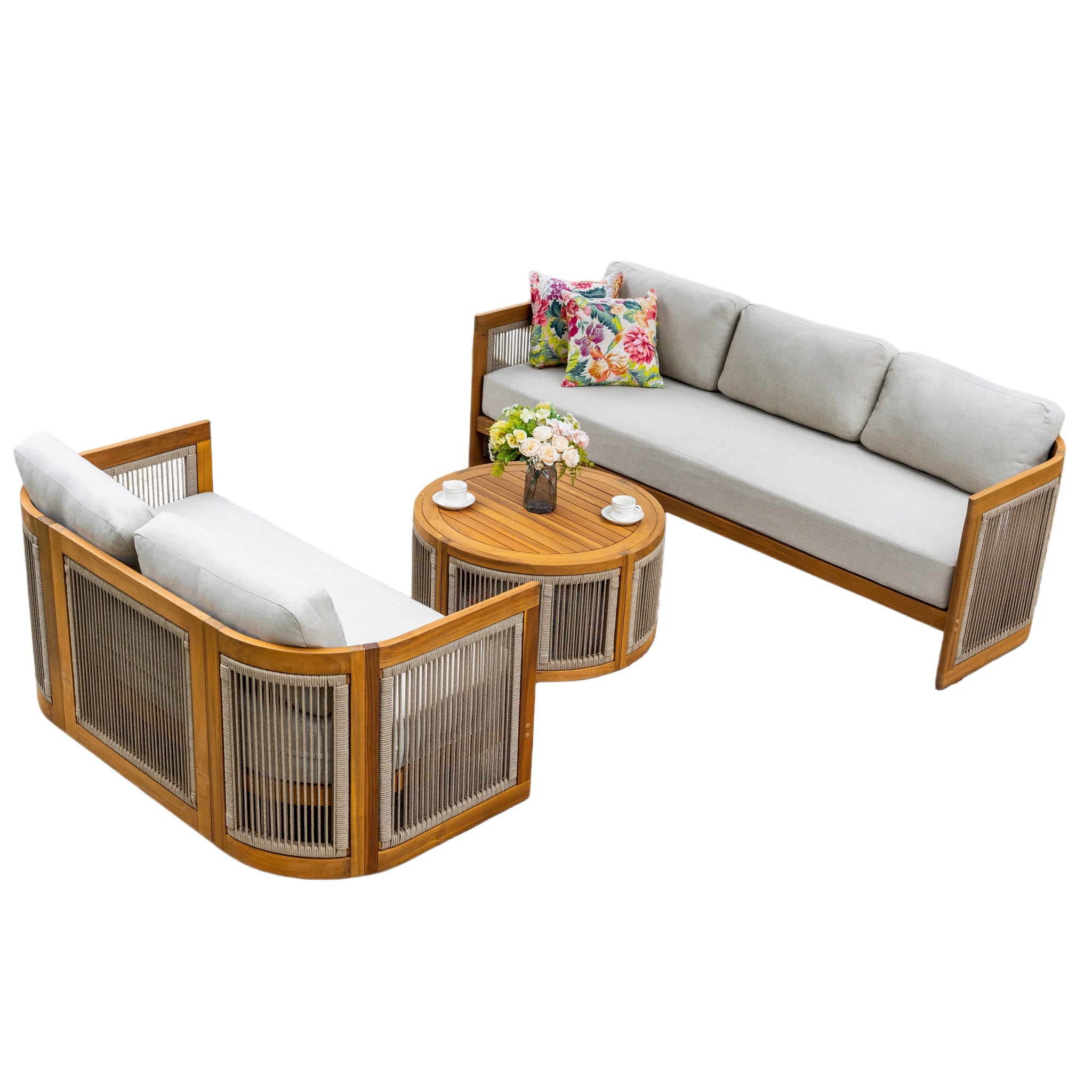 CAVEN 5-Seater Solid Wood Garden Sofa Set - 3-Piece Outdoor Sofa Set with Cushions